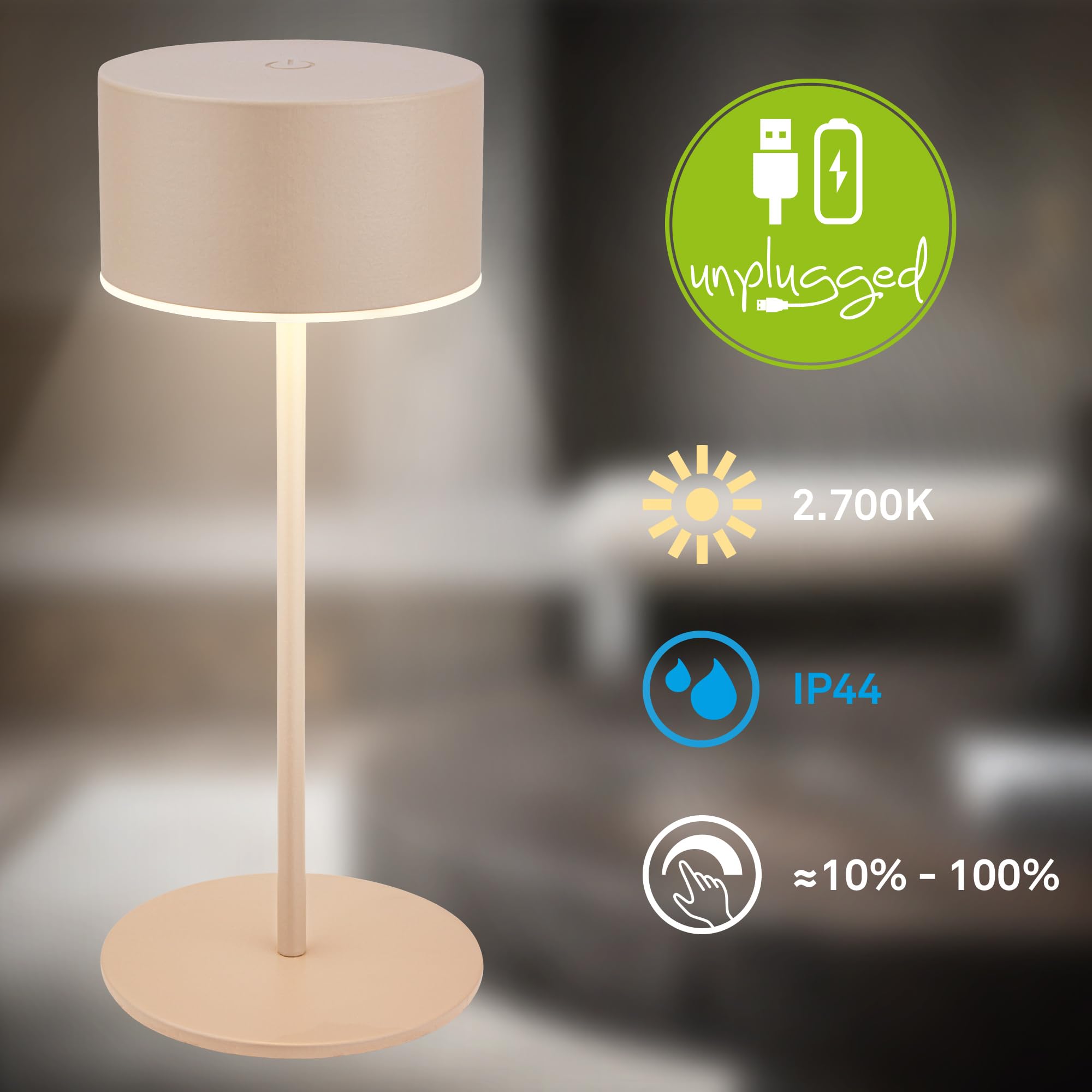BRILONER - Lampara de mesa sin cable IP44 con control táctil, regulable, borde luminoso, lampara mesita noche sin cable, lampara mesa LED recargable, lamparas de mesita de noche, 8x18 cm, beige
