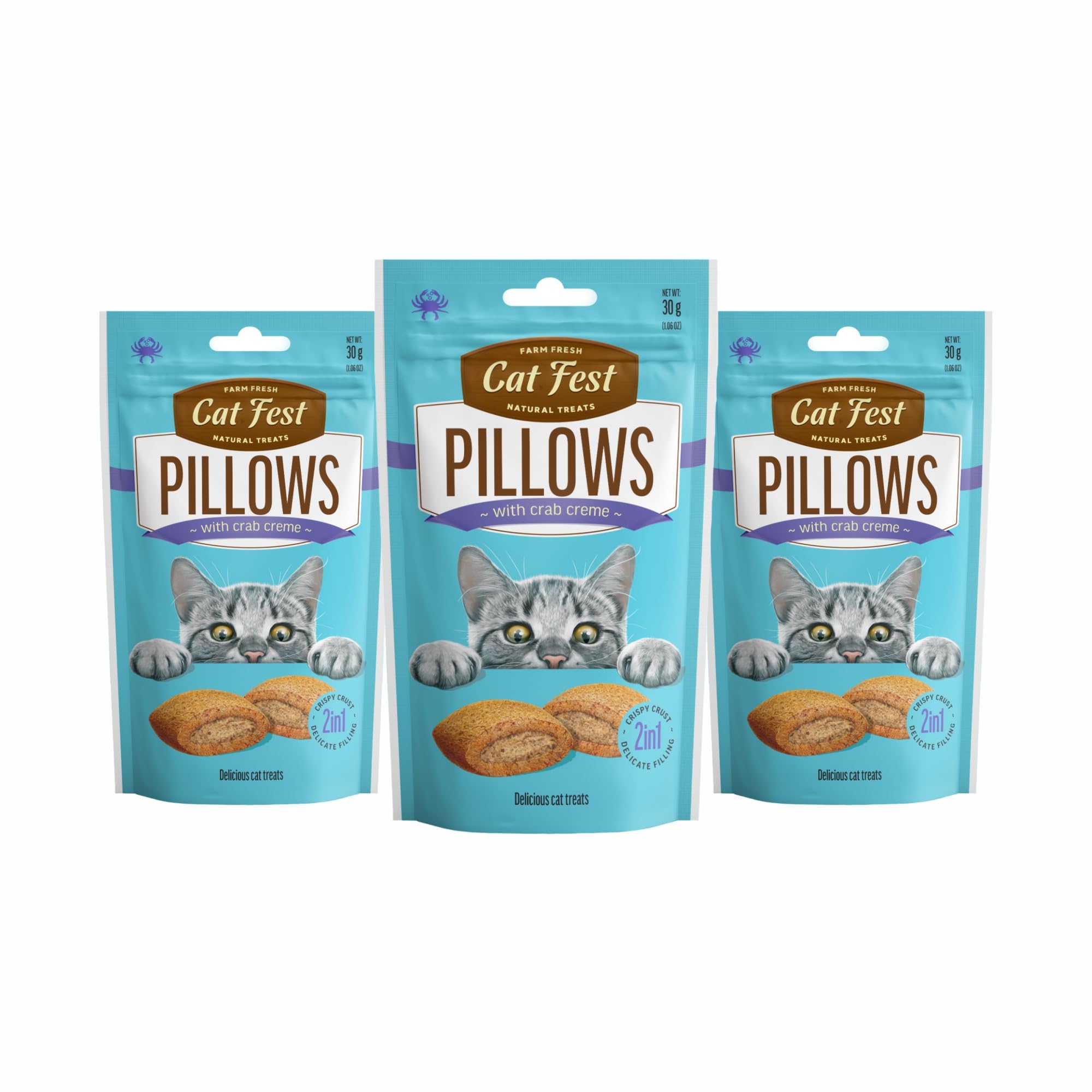 x Catfest Pillows Crab Creamy Filling,Cat Treats Combo Pack-30gx3|100% Natural|0% Artificial Flavor,Color or Preservative|for All Cat&Kitten Breeds