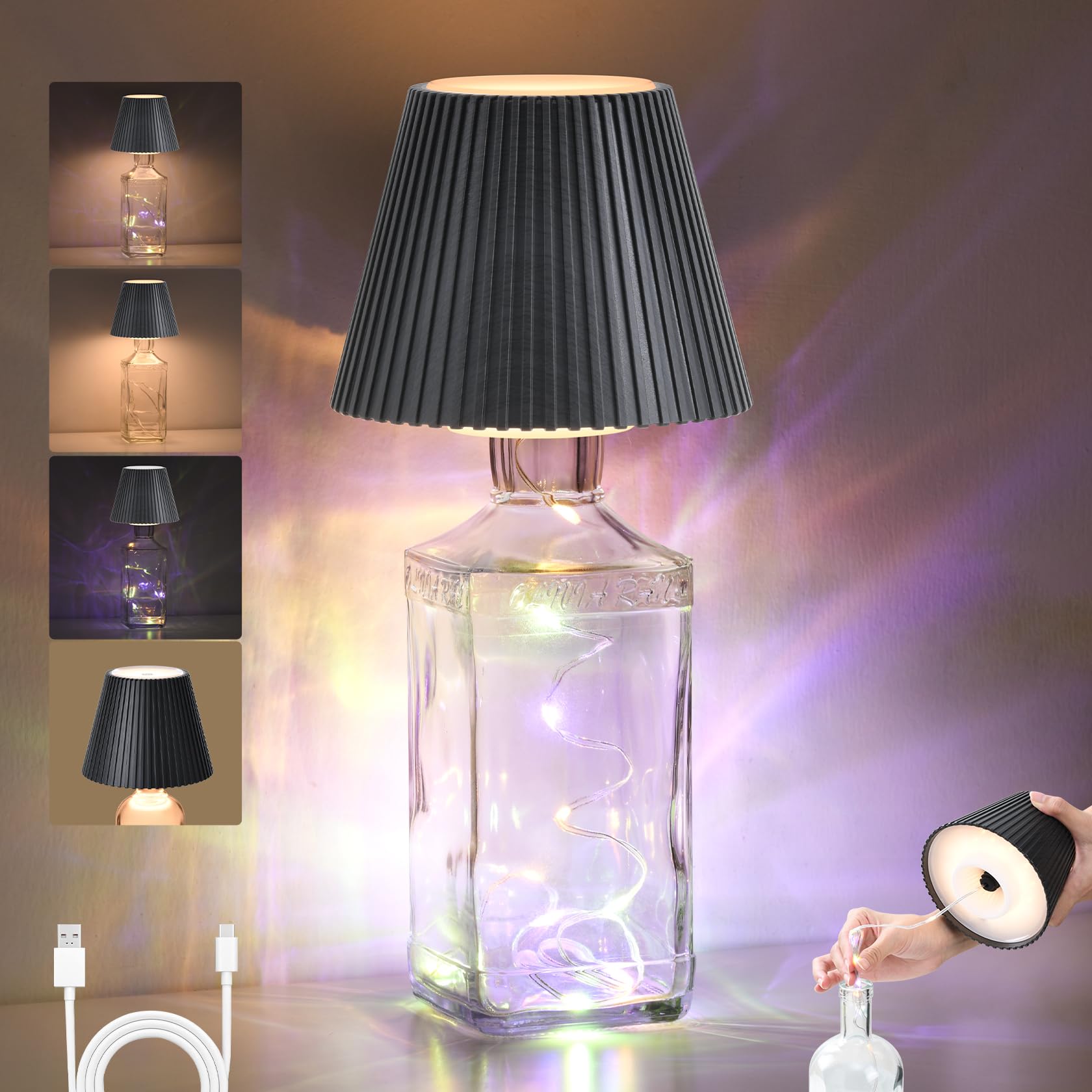 SMARTERIOR Wireless Bottle Lamp for Liquor Bottles, Wine Lamp for Home Decor, 3-Level Brightness LED Night Lights, Unique Table Lamp with RGB Lights, Rechargeable Bottle Lights for Bedroom, Black