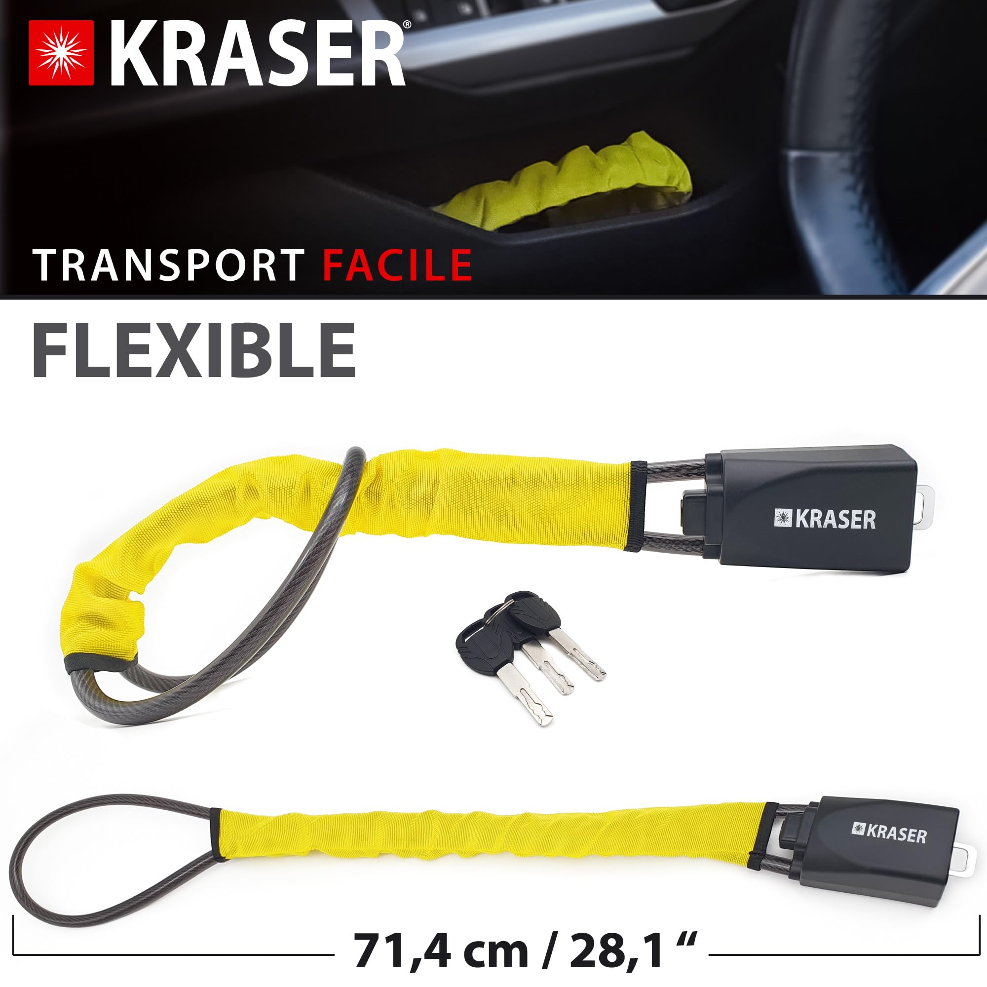 KRASER KR882Y Antivol Voiture Amélioré, Bloque Volant Ceinture, Robuste et Visible, Serrure avec Disque Antiperçage, Câble en Acier Plus Flexible, Anti vol Auto Universele, SUV, Camping Car, Fourgon