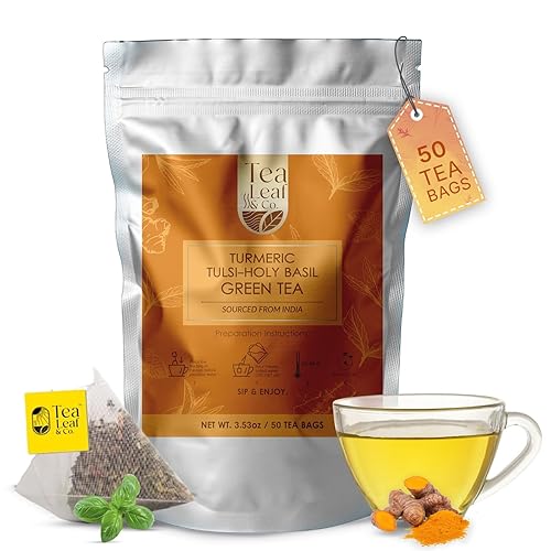 Bolsas de té Tulsi de cúrcuma (50 unidades), té verde con cúrcuma y menta, alivio del estrés, baja en cafeína, sin gluten, bolsas de té piramidales