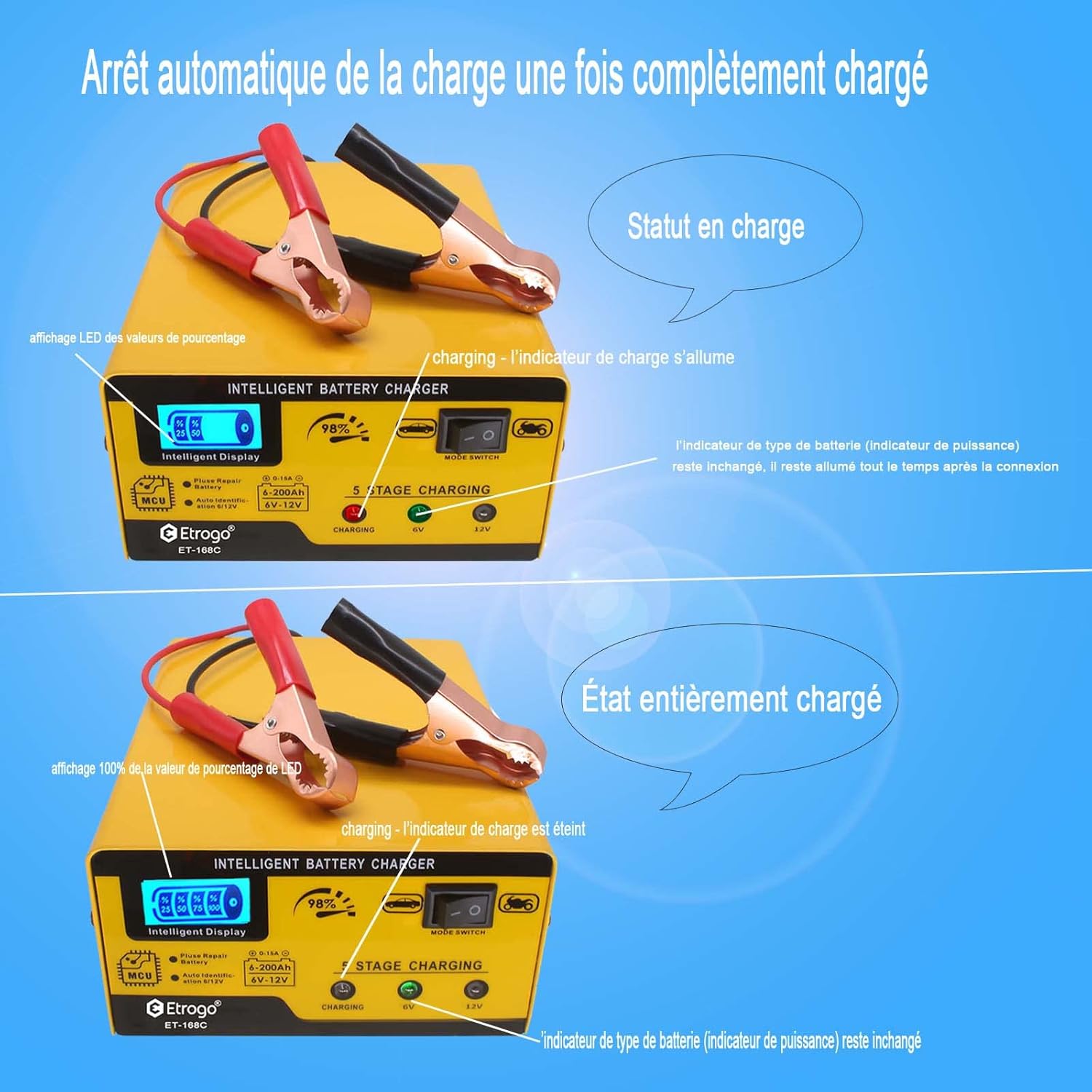 Connection diagram for Etrogo ET-168C charger to a lead-acid battery and AC power