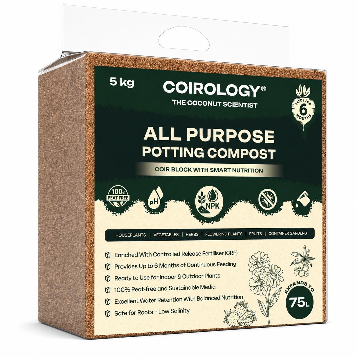 Coirology All Purpose Compost Block 5kg - Compressed Coco Coir Peat-Free Potting Soil Feeds for 6 Months, Controlled Release Fertiliser Expands to 75–80L - Lightweight Easy-to-Carry Growing Medium