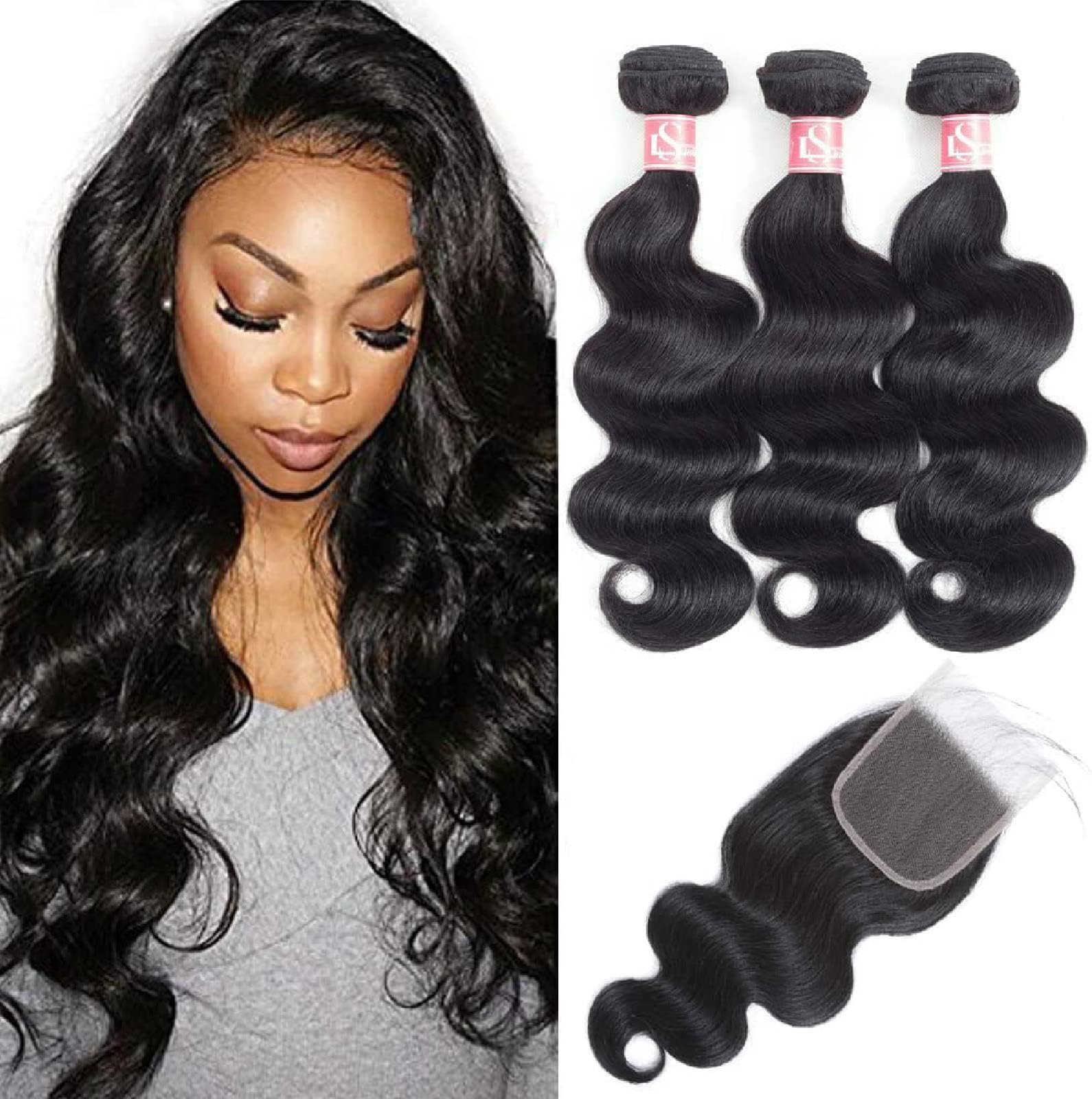 LSHAIR Brazilian Body Wave 3 Bundles with Closure (14 16 18 with 12 Free Part) 8A Grade Unprocessed Virgin Human Hair Bundles with Closure Natural Black Color