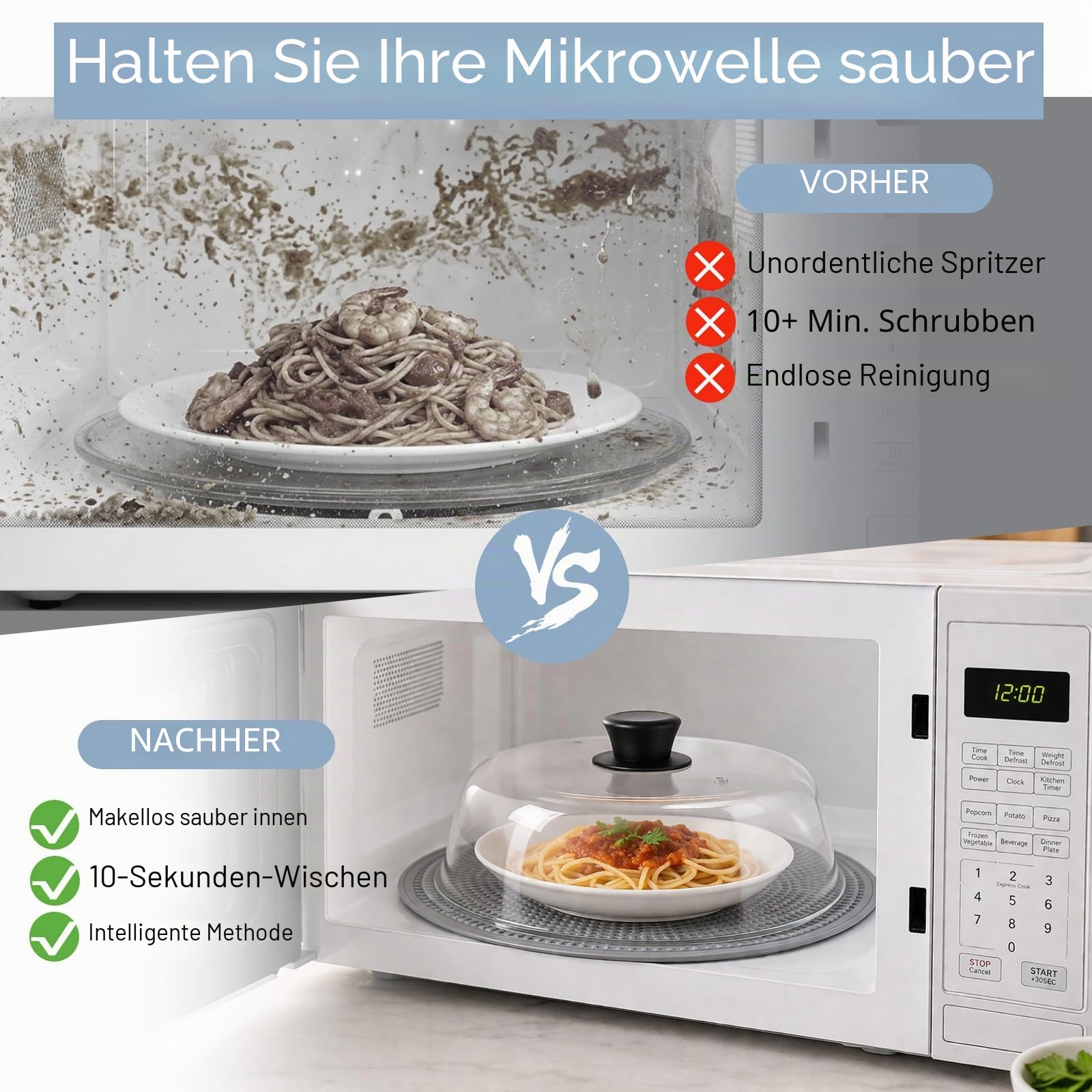 YBCPACK Mikrowellen Abdeckung Glas mit Silikonmatte, 26,5 cm Abdeckhaube Mikrowelle mit Griff – BPA-freier Microwave Cover für Lebensmittel (Spülmaschinenfest)