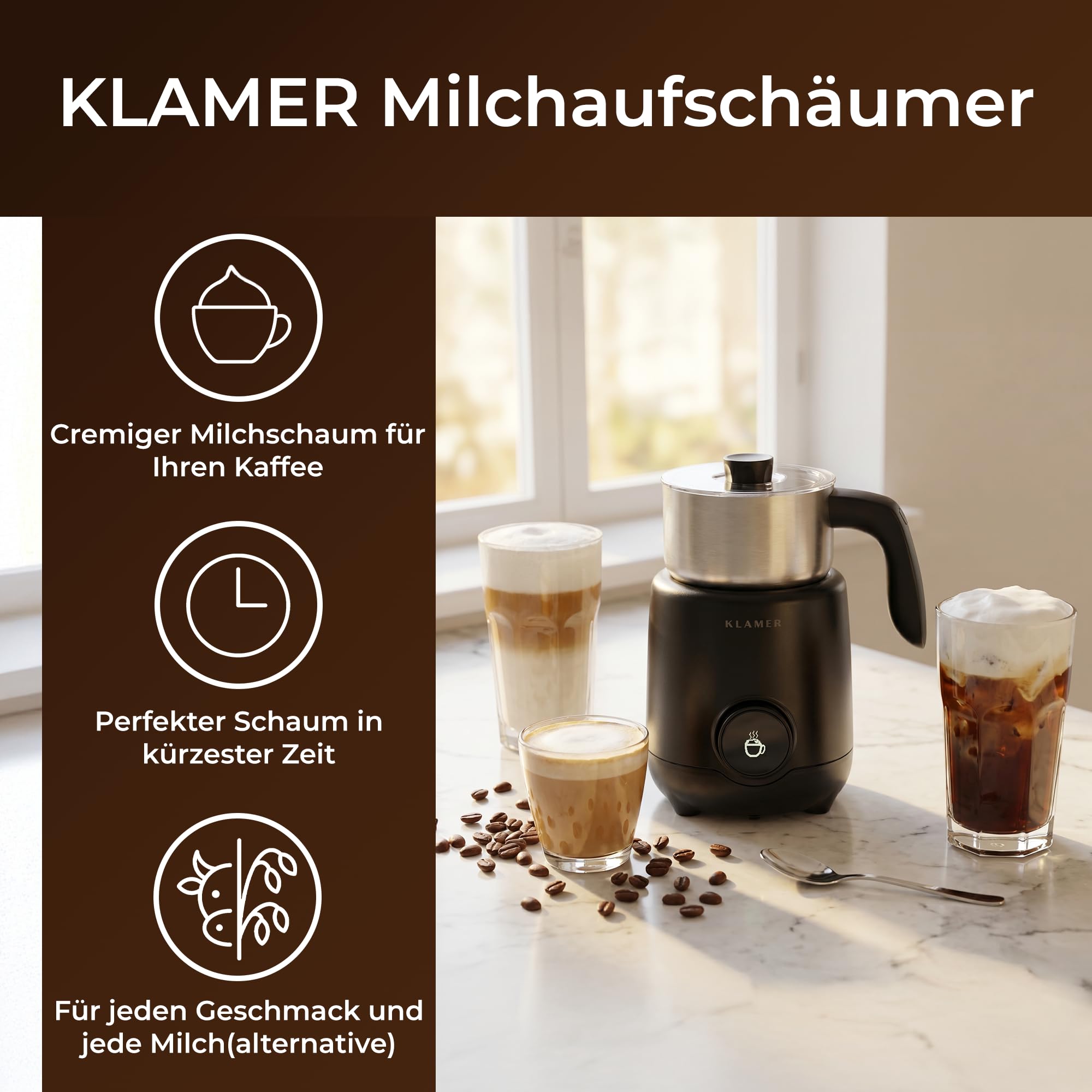 KLAMER Milchaufschäumer Elektrisch 550W, Milchschäumer mit Display & 7 Programmen: Aufschäumen Warm & Kalt, Heiße Schokolade, Hafermilch & Babymilch, Edelstahl 400 ml