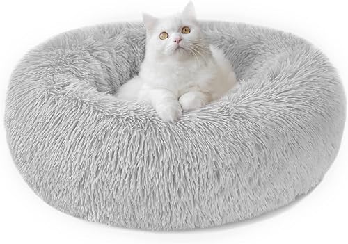 Cama calmante en forma de dona para perros y gatos, cama lavable de felpa esponjosa de 19.7 pulgadas, acogedora cama suave y antiansiedad para gatos