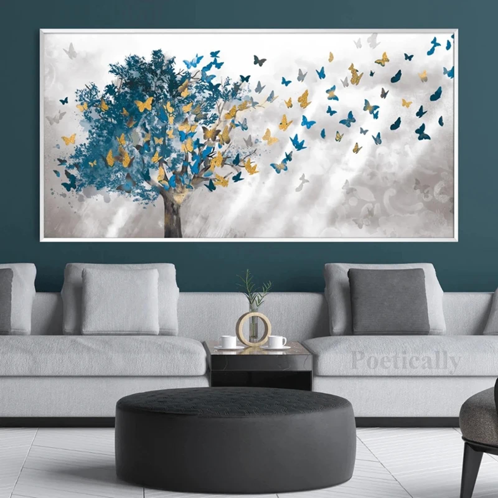KQZVCU Pintura abstracta en lienzo de hojas de árbol de mariposa, carteles e impresiones artísticos de pared, imágenes para la decoración del hogar de la sala de estar, 40x80cm con marco