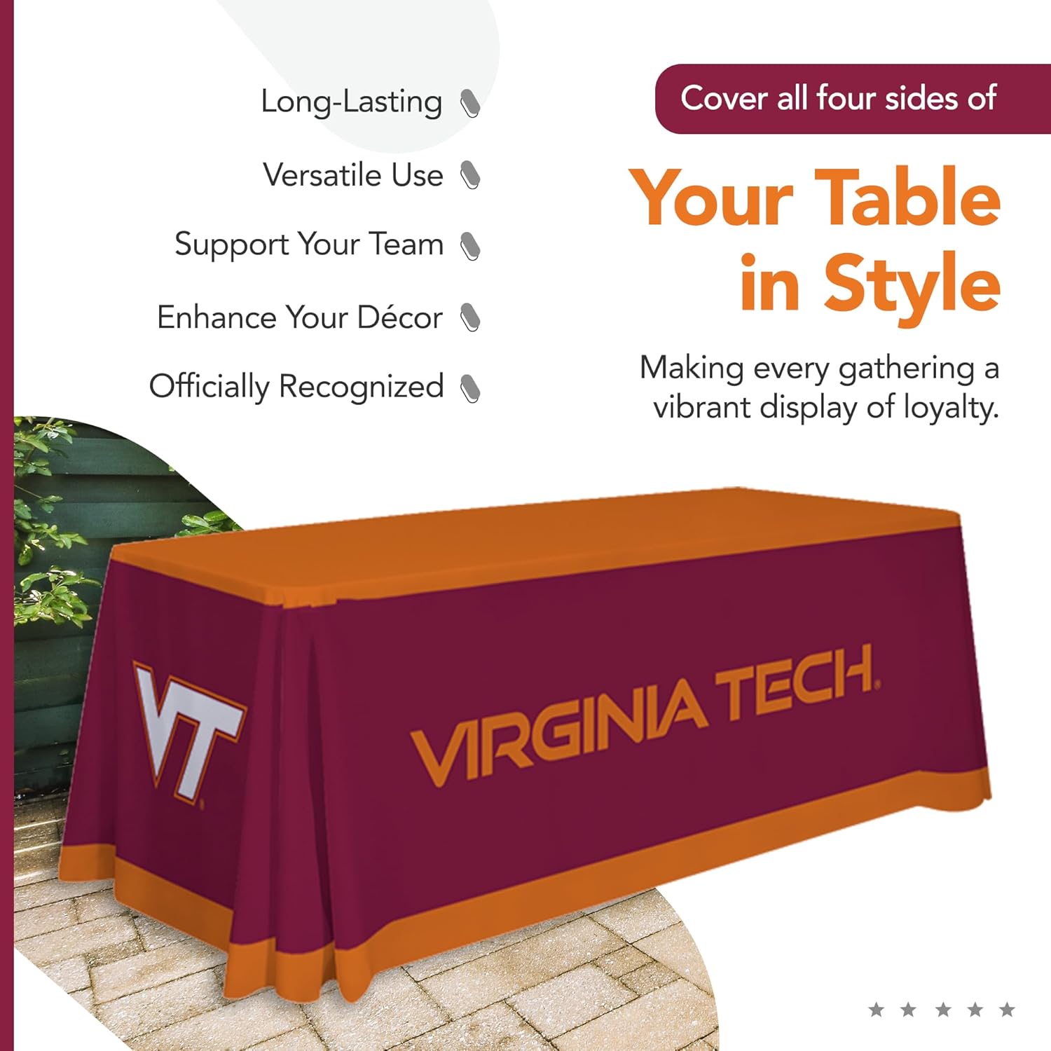 Virginia Tech Hokies College Sports Printed Table Throw - NCAA Licensed - Polyester - School Tablecloth (Maroon, Orange, White) (6' Draped)