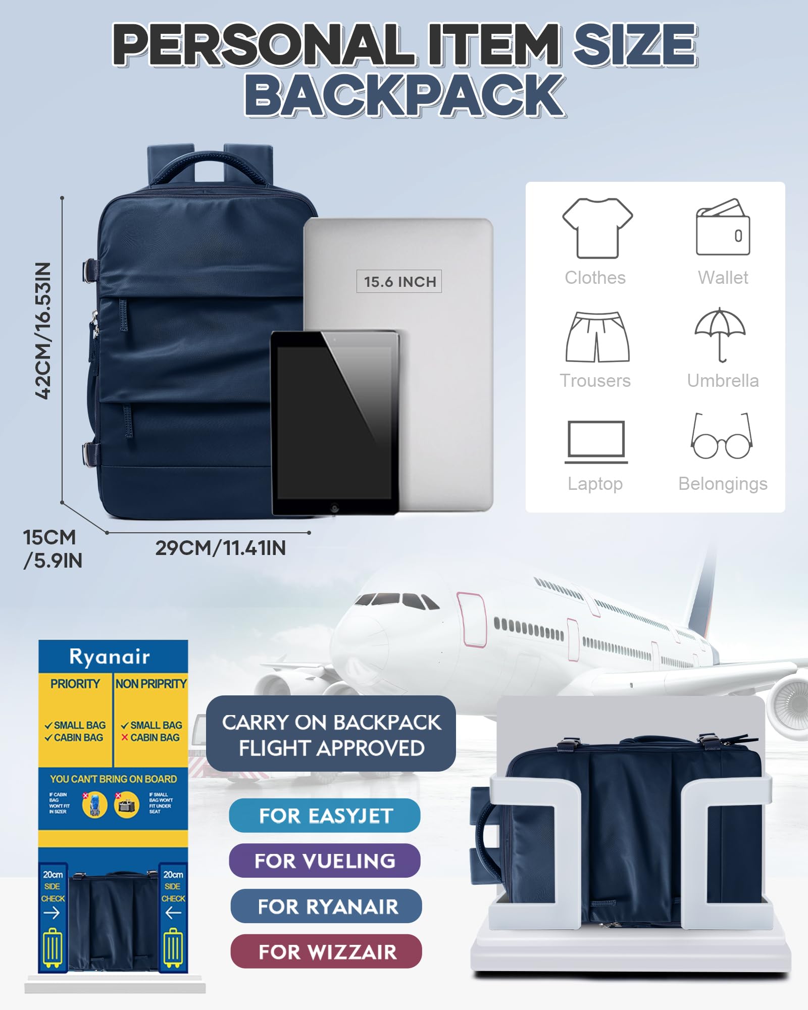 SZLX Zaino Ryanair 40x30x20 Sottovuoto Zaino da Viaggio 40x20x25 Bagaglio a Mano 40x30x20 Wizzair Donna Uomo Borsa da Cabina per Easyjet 45x36x20 Adatto a Laptop da 14 Pollici Impermeabile per Lavoro