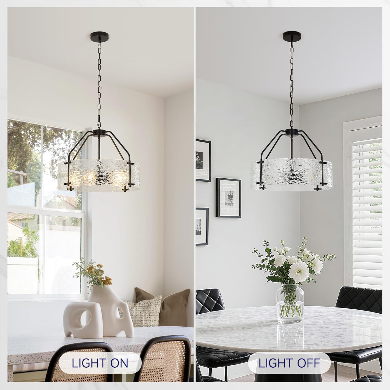 Black Modern Chandeliers for Dining Room: 20'' Drum Textured Glass Entryway Light Fixture Hanging - Vintage Farmhouse Kitchen Chandelier Over Table - Rustic Crystal Lights Fixtures for Bedroom Foyer