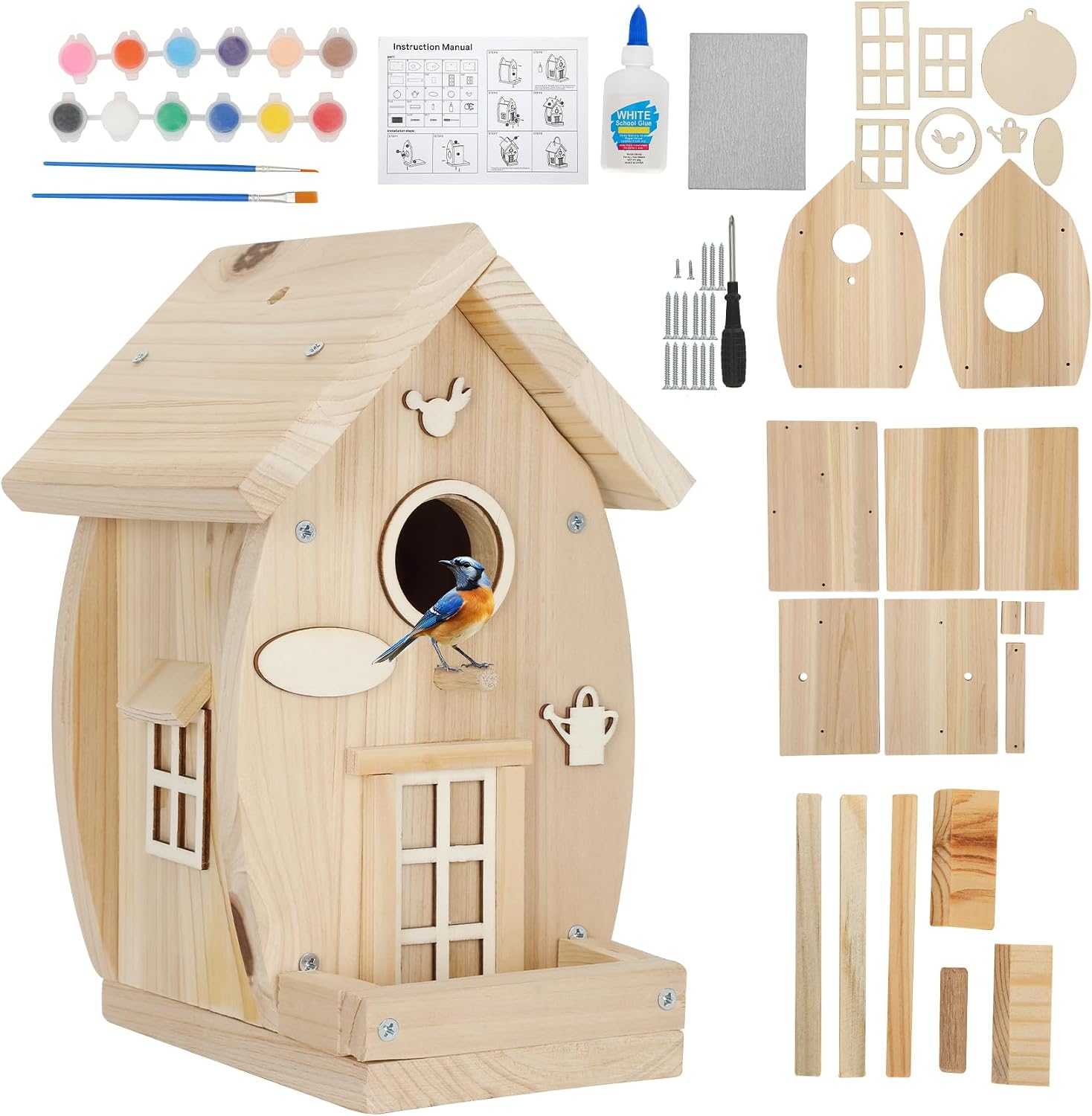DIY Birdhouse Kit for Adults - Wooden Craft House to Build and Paint, Complete Set with Brushes, Non-Toxic Paint, Sandpaper & Glue, Creative Garden Yard Patio Decor Gift Idea