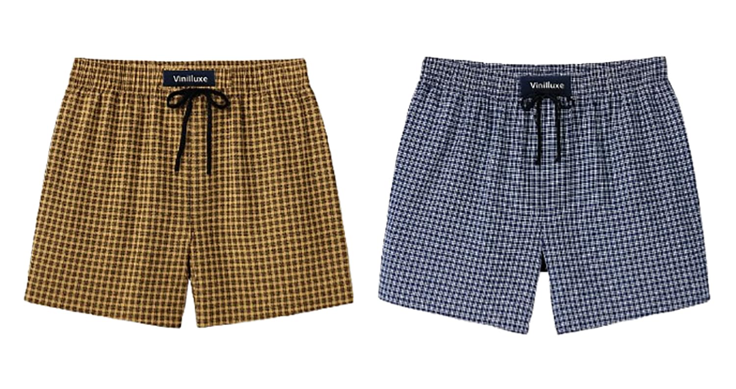 vinilluxe Men's Cotton Plaid Boxer Shorts, Pack of 2, Brown and Blue with Black Check Pattern, Drawstring Waist, Side Pockets-picture-34