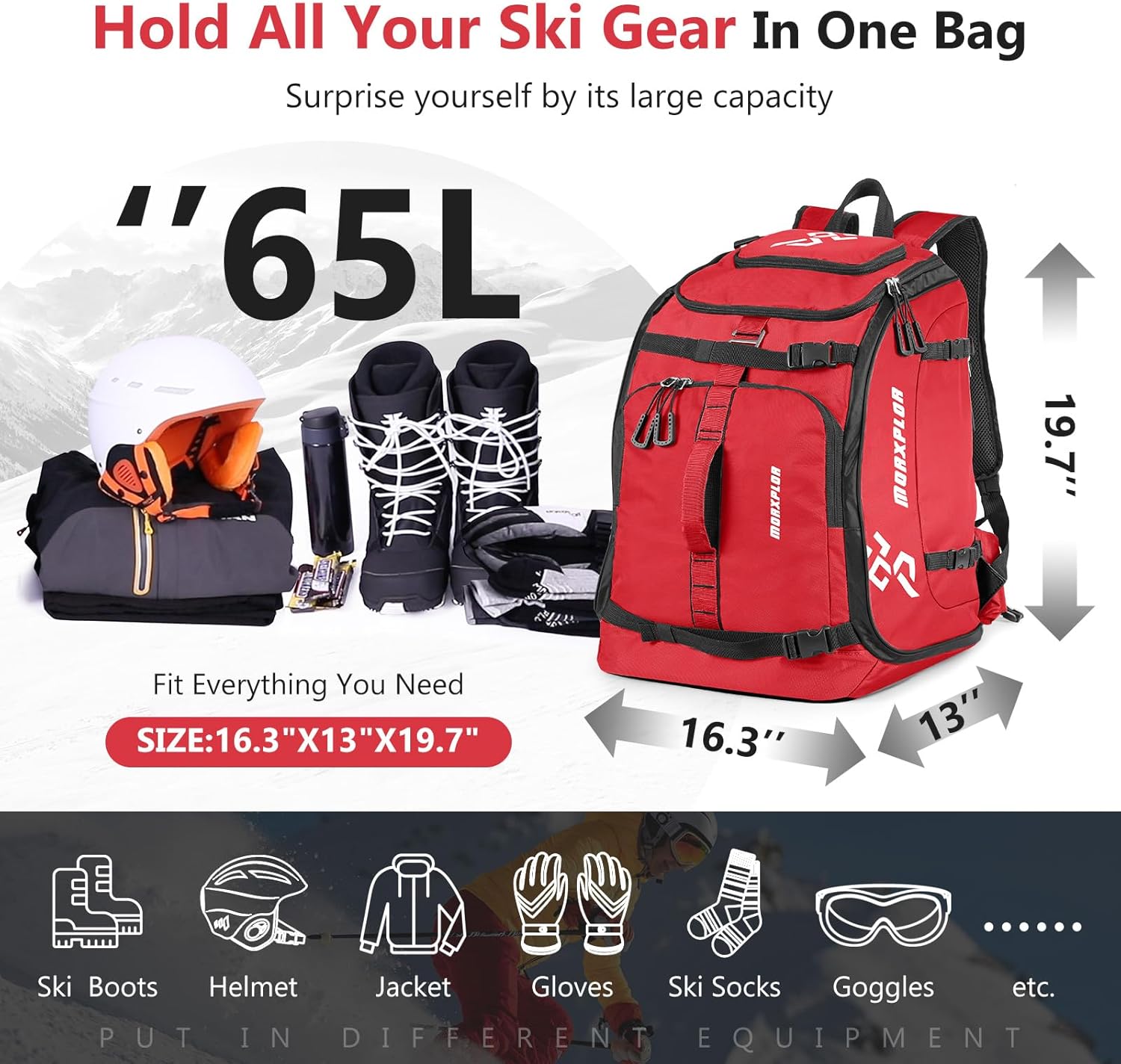 Ski Boot Bag - 65L Padded, Waterproof Ski Travel Backpack for Gear & Accessories Red