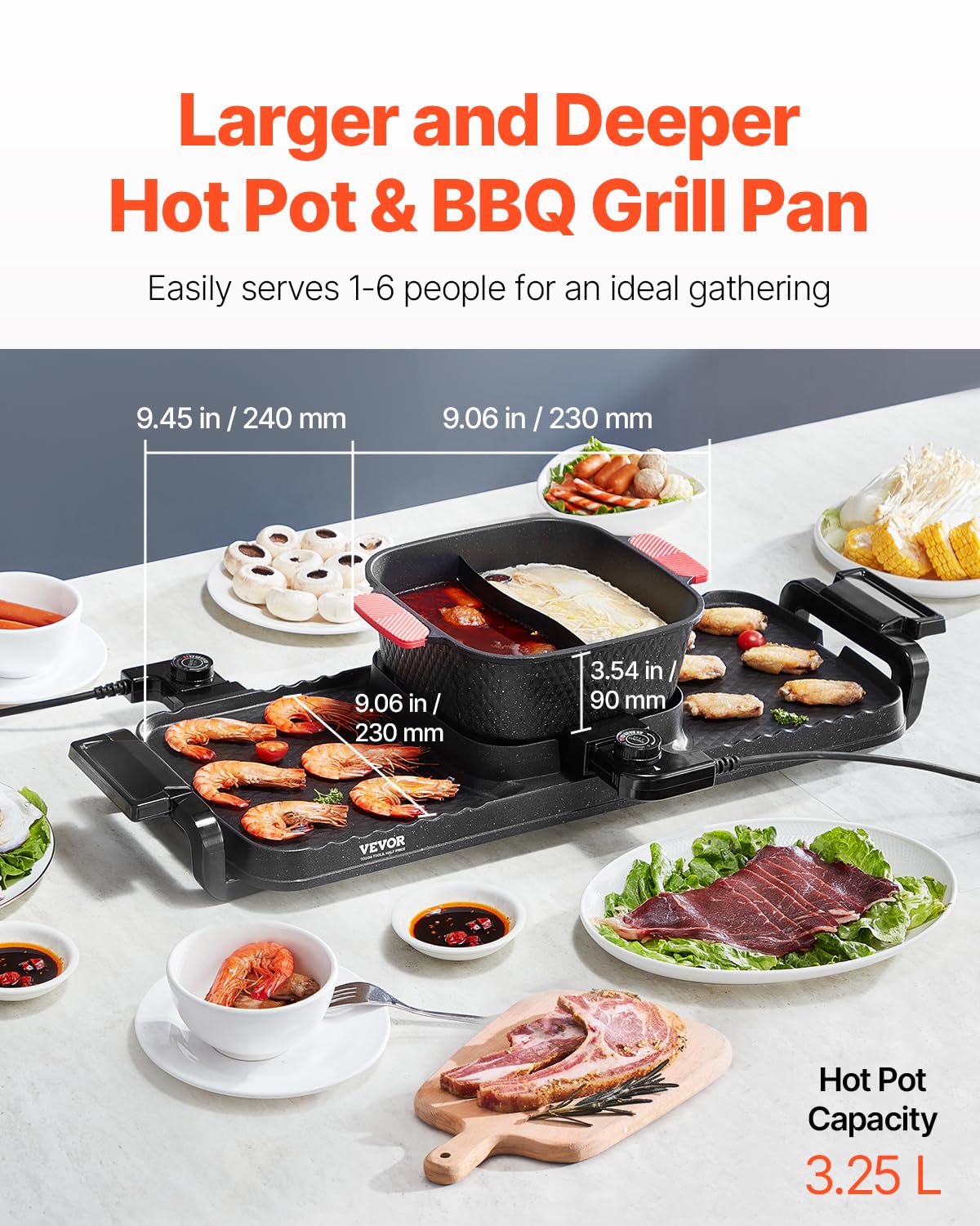 VEVOR Appareil à Fondue Chinoise Shabu Shabu avec Gril 2-en-1, Grill Électrique sans Fumée 2300 W, avec Marmite Amovible Antiadhésive, Double Contrôle de Température Séparé, Dîner en Famille