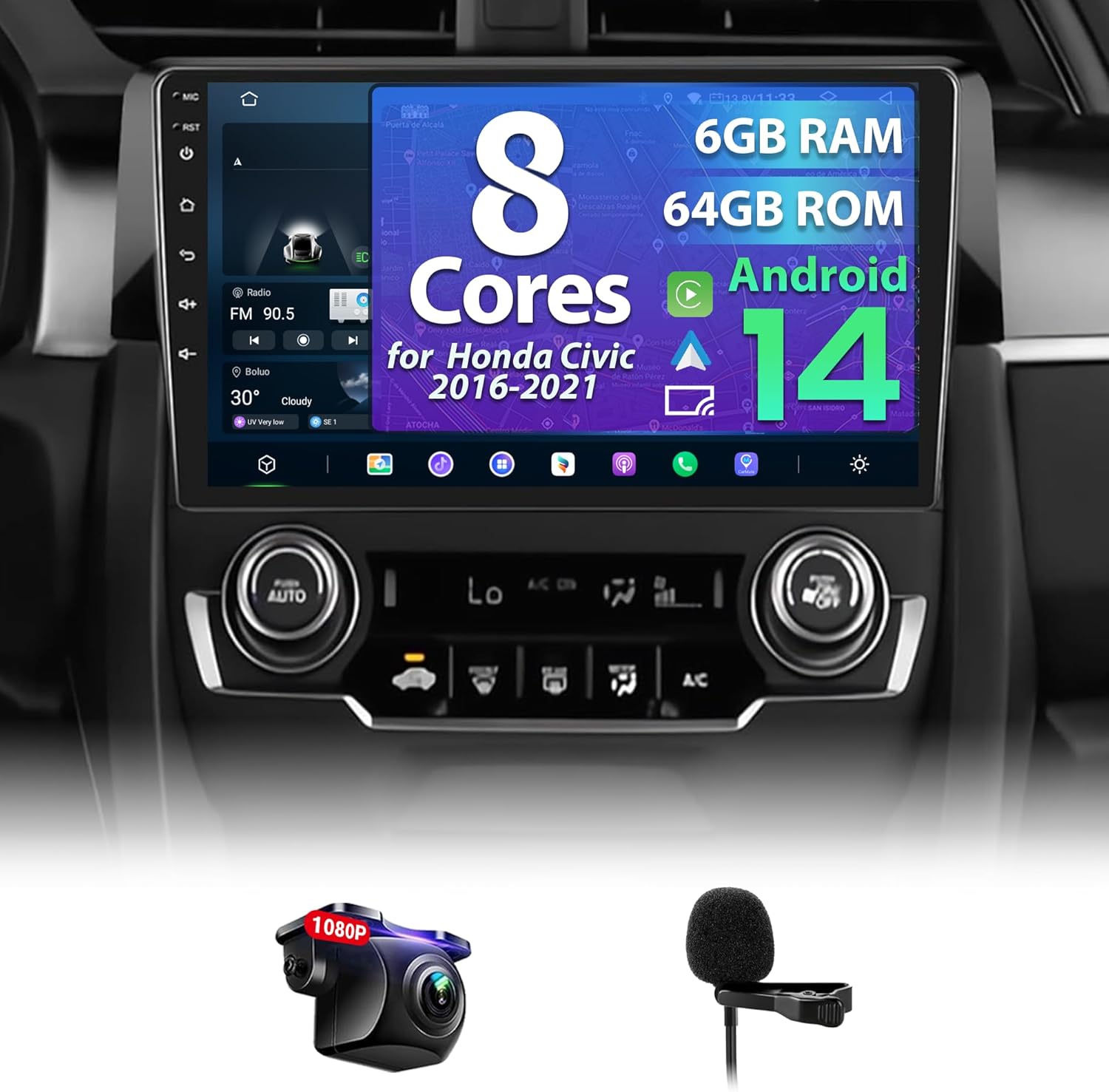 8 Core 6+64G Car Radio for Honda Civic 2016 2017 2018 2019 2020 2021 with Wireless CarPlay Android Auto, 9" Ultra-HD Touchscreen Upgraded Civic 2016-2021 Stereo with SWC, AM/FM/RDS, 1080P Camera