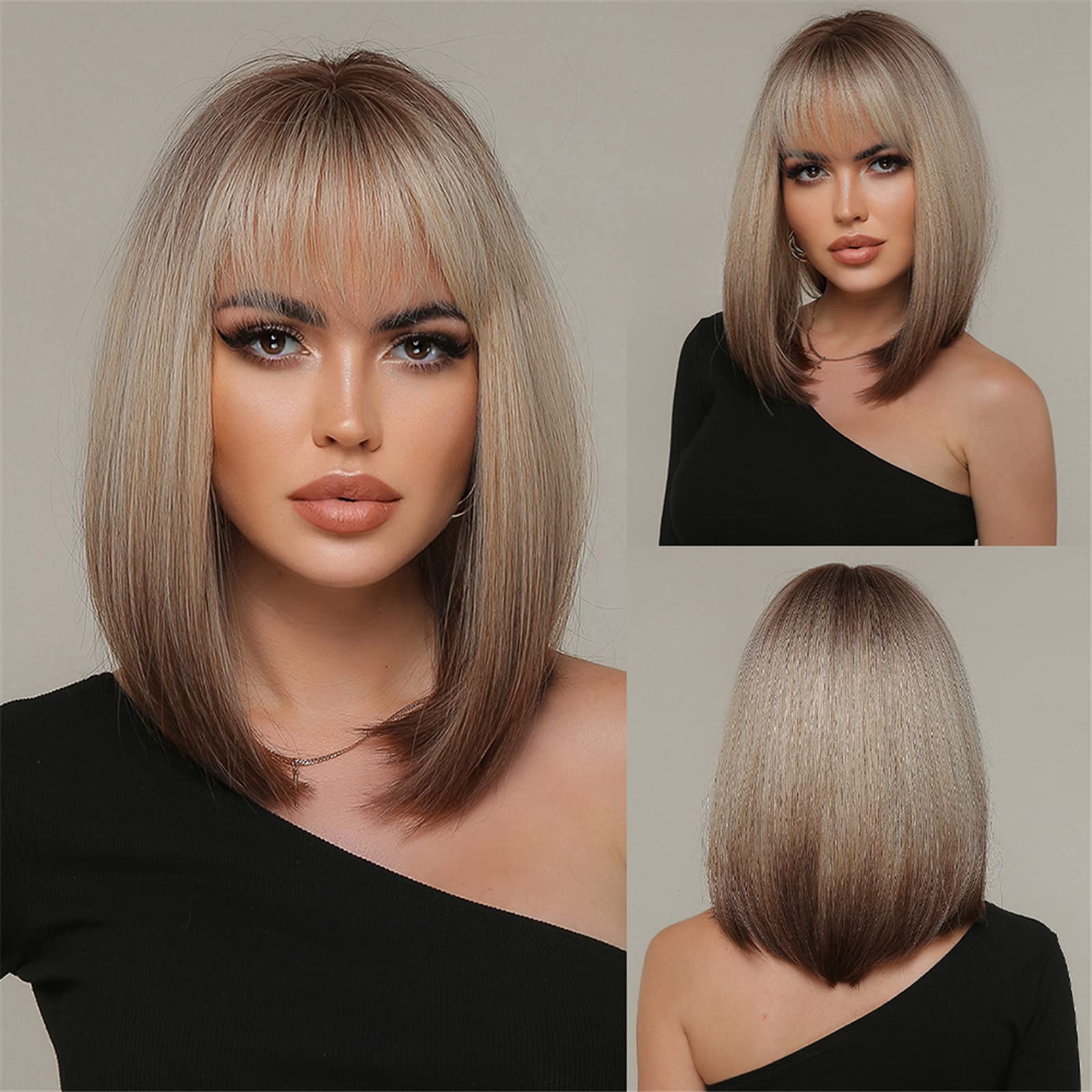WTHCOS Blonde Bob Wig for Women Short Straight Blonde Bob Wig with Bangs Brown Ombre Blonde Bob Wigs Brown Blonde Wig Synthetic Wigs for Women Cosplay Party Wig with Wig Cap (Blonde Brown)