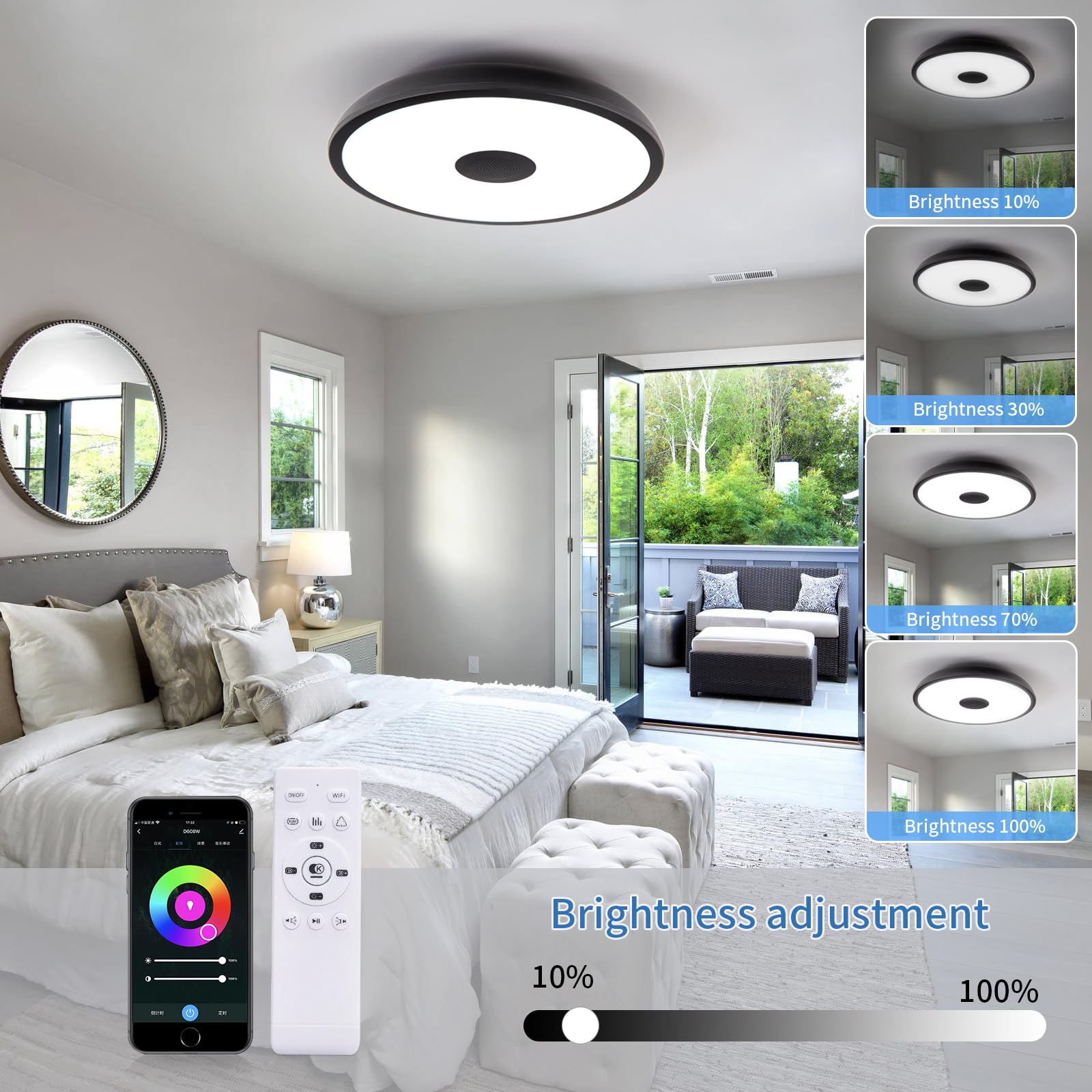 Lámpara de techo LED inteligente impermeable negra, 18 W, con altavoz Bluetooth, función de cambio de color RGB, lámpara regulable de 2700 K-6500 K, control de aplicación Tuya, compatible con