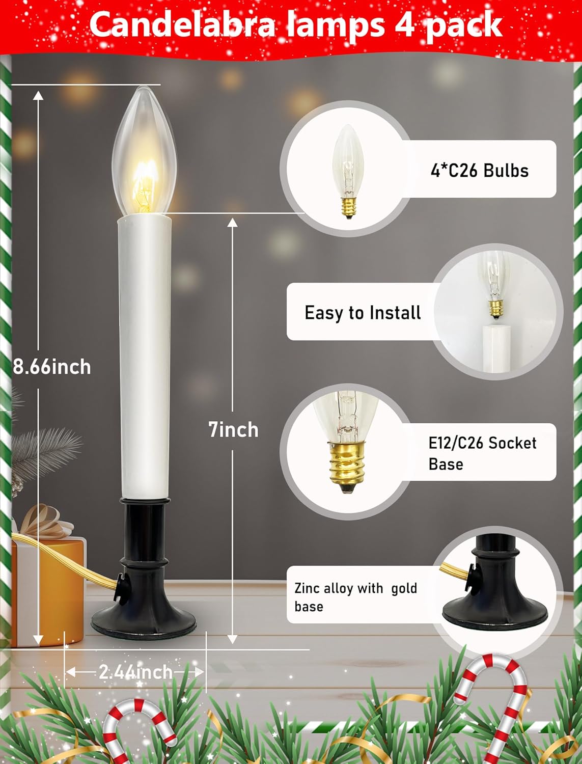 4 Pack Christmas Corded Window Candles, Plug in 9" Flameless Candle Lamp, Candle Lights for Indoor Party Mantels Table Birthday Xmas Valentine's Day Home Decor, Nickel