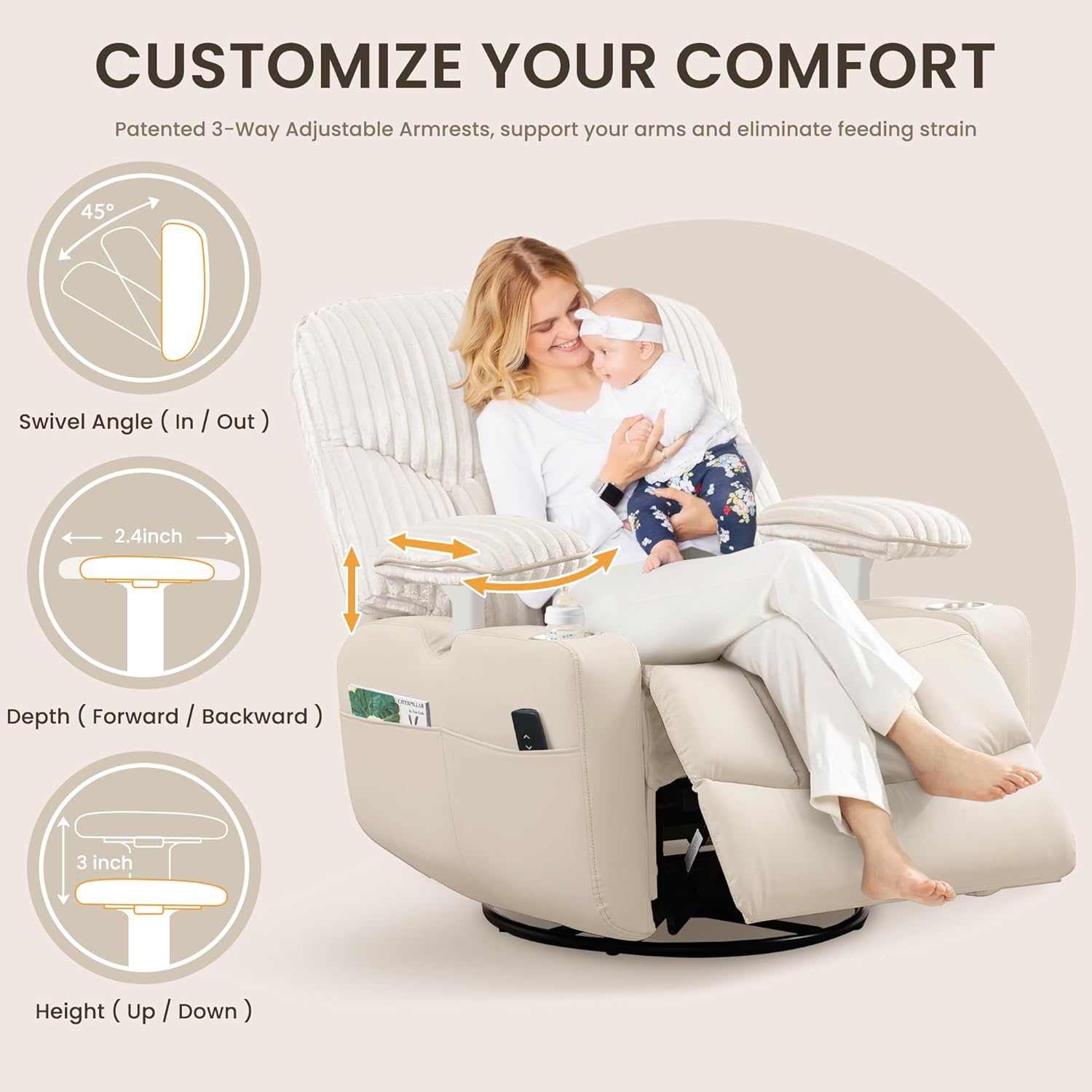 GRAINELL Rocking Chair Nursery, Electric Swivel Recliner Glider with Adjustable Armrests, Nursing Chair with USB Charger, Cup & Blanket Holders, Beige Corduroy & PU Leather