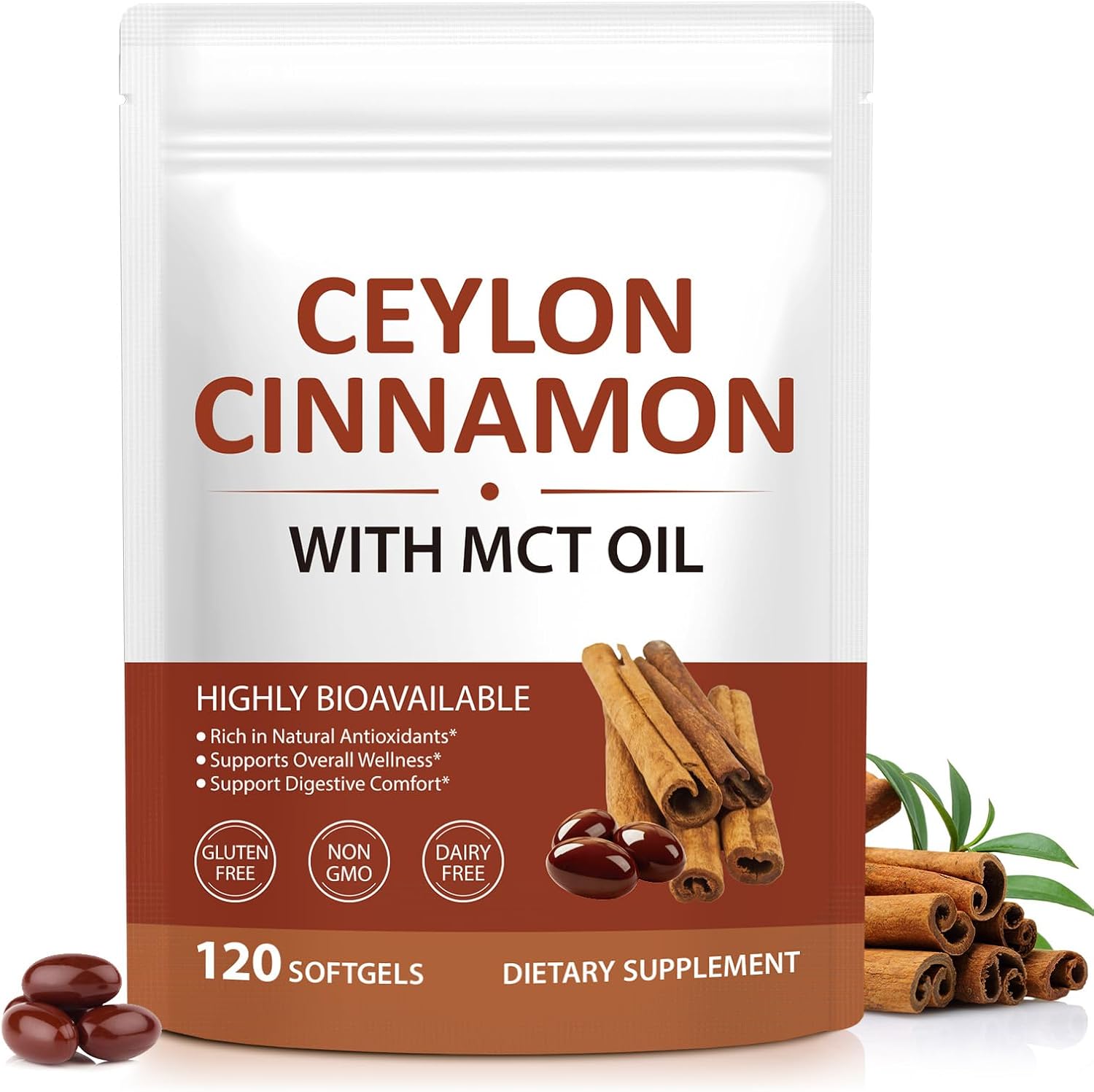 Ceylon Cinnamon Capsules 120 Softgels - Cinnamon Supplements with MCT Oil - Natural Antioxidant - Supports Normal Glucose Metabolism, Cardiovascular Wellness & Digestive Balance for Adults