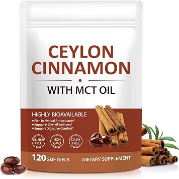 Ceylon Cinnamon Softgels with MCT Oil, Cinnamomum Verum Bark Extract | Cinnamon Supplements for Women & Men| Gluten-Free Non-GMO | Easy to Swallow | 120 Softgels