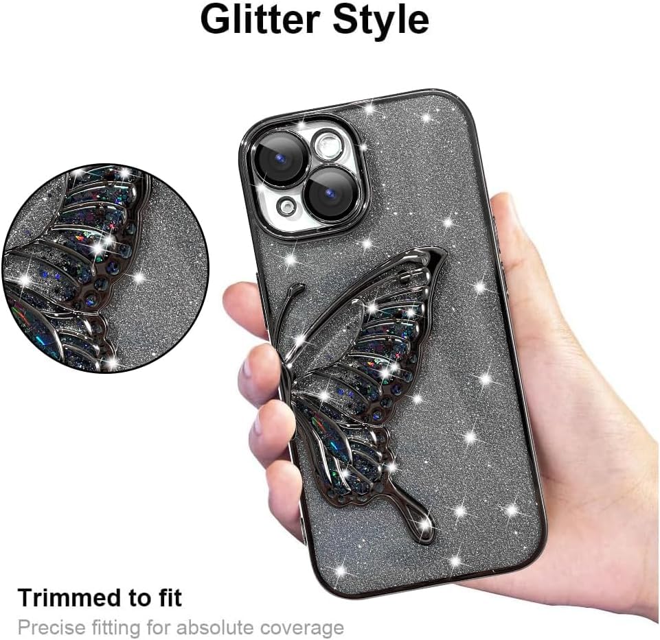 Image of SHINESTAR 3D Butterfly Case for iPhone 14, Cute Girly Glitter Bling Luxury Back Cover for Women Girls Protective Shockproof Slim Camera Protection (for iPhone 14 - Black