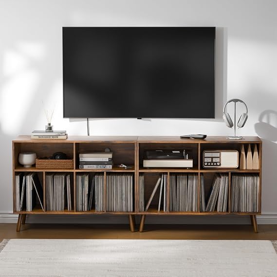 Record Player Stand with Vinyl Storage Cabinet, Wood Turntable Table Open Shelf Holder Up to 350 Albums Cube Storage Organizer for Living Room, Office, Rustic Brown