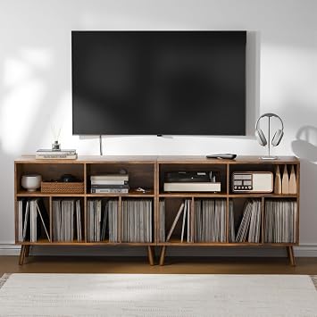 Record Player Stand with Vinyl Storage Cabinet, Wood Turntable Table Open Shelf Holder Up to 350 Albums Cube Storage Organizer for Living Room, Office, Rustic Brown