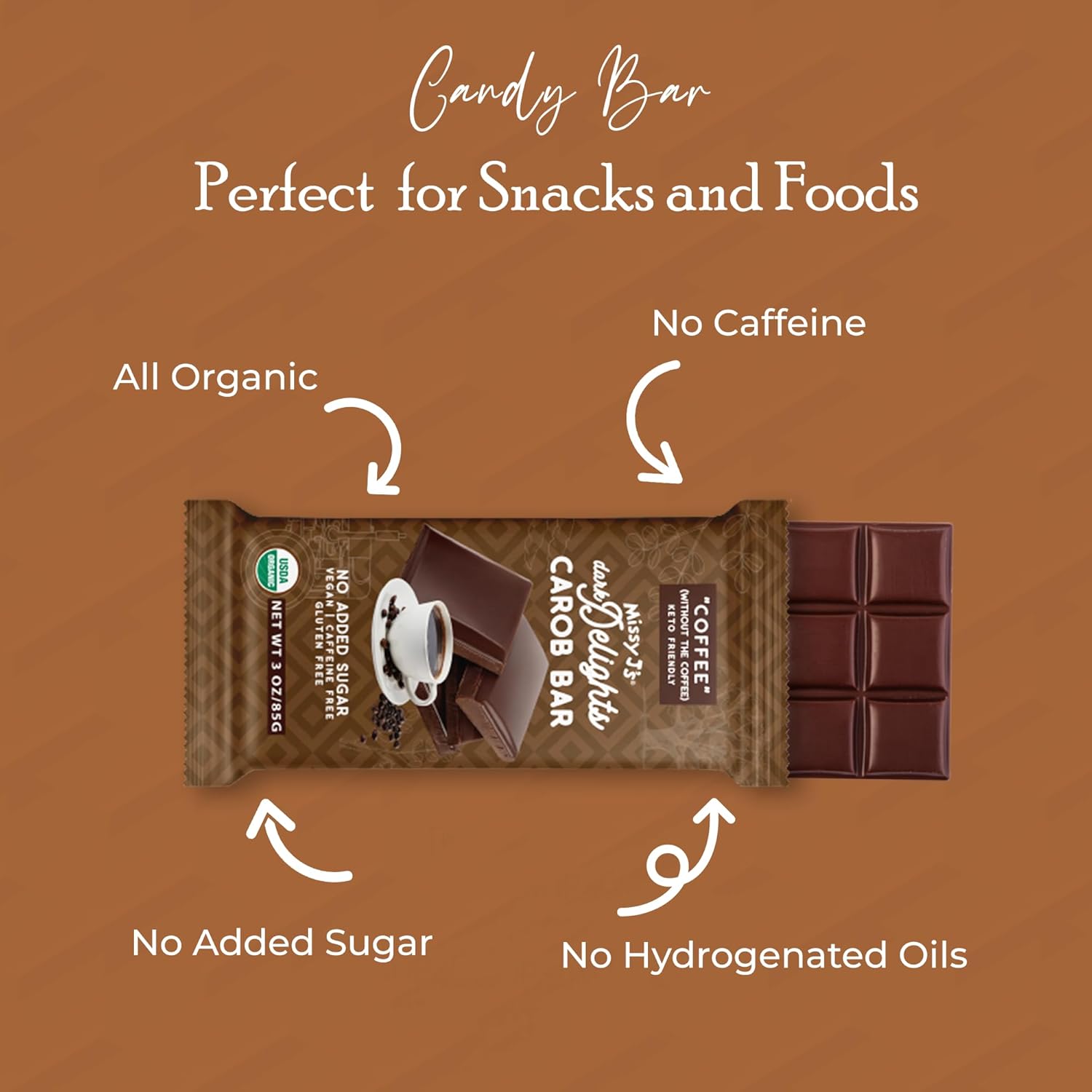 Missy J's Organic Carob Dark Delights Unsweetened Coffee Candy Bar 3 Oz 6 Pack, Vegan, Gluten and Caffeine Free, Healthy Substitute for Chocolate, Perfect for Snacks and Treats