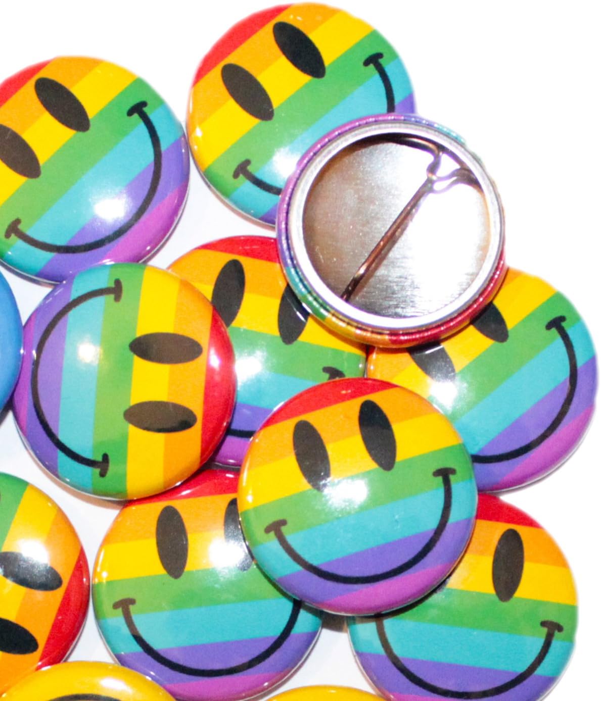 Happy Face Button Badges - MULTI COLOURS & QUANTITIES (32mm / 1.25 Inch) (50 Badges, RAINBOW)
