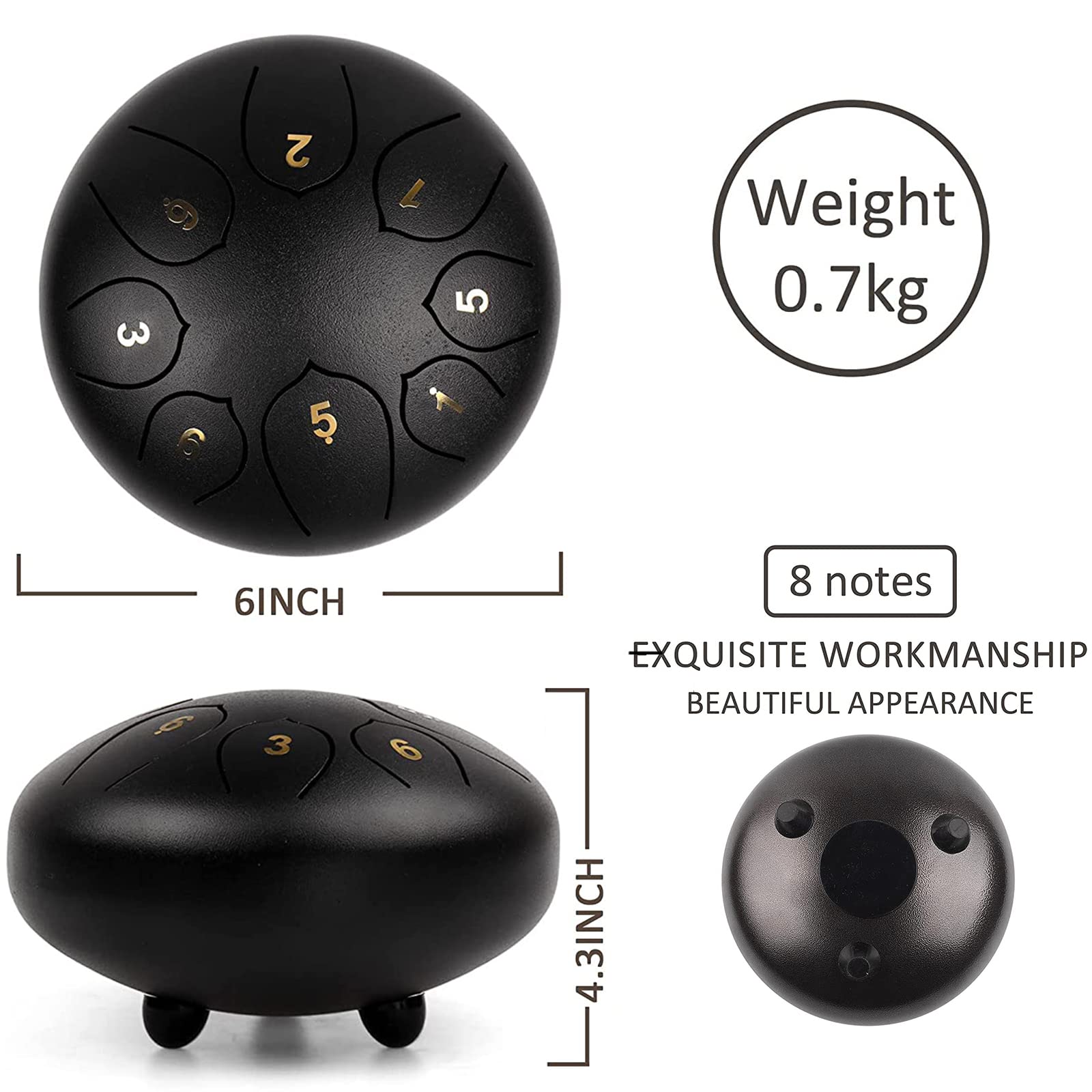 6 Pulgadas Ambor De Lengua De Acero, 8 Notas Clave C Instrumento De Percusión Hand Pan Drum con Bolsa De Tansporte, Partitura, Baquetas, Púas De Dedo para Yoga Meditación