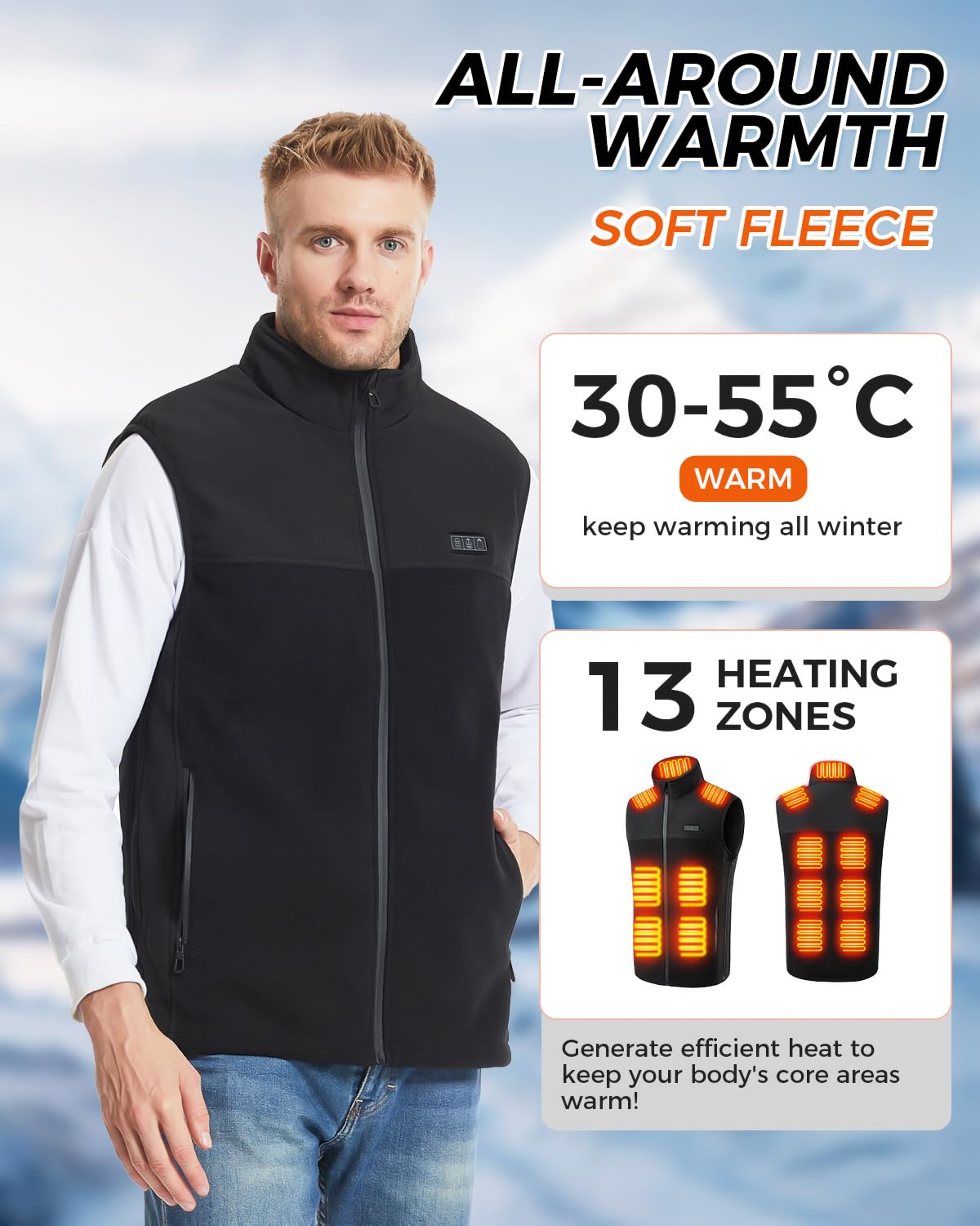 Beheizbare Weste Heizweste Fleece Beheizte Weste für Herren Damen mit 10000mAh Powerbank 13 Heizzonen 3 Temperaturregler, Elektrische Beheizbare Jacke Heizweste für Outdoor Skifahren Motorrad