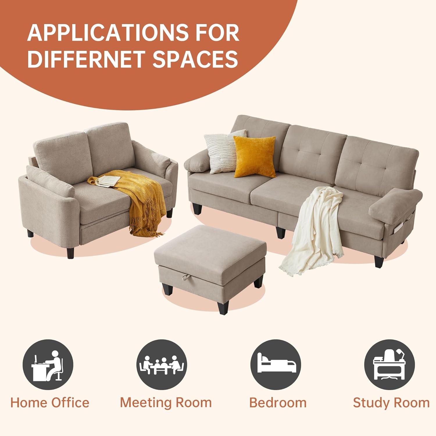 2 Pieces Sectional Sofa Set, 79" 3-Seat L Shaped Couches with Storage Ottoman and 59" Loveseat Sofa Set Polyester Fabric for Living Room, Small Spaces, Beige