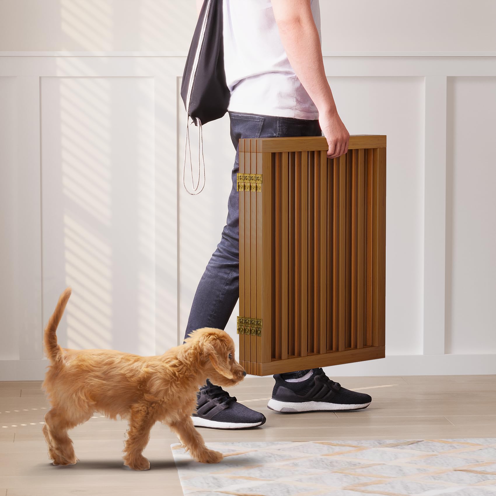 Semiocthome Freestanding Dog Gates and Barriers Indoor Pet Gates for Doorways and Stairs 60cm (H) - 4 Panels Puppy Gate with 2 Metals Stands Adjustable Safety Fence Fit Up to 188cm - Walnut — view 3