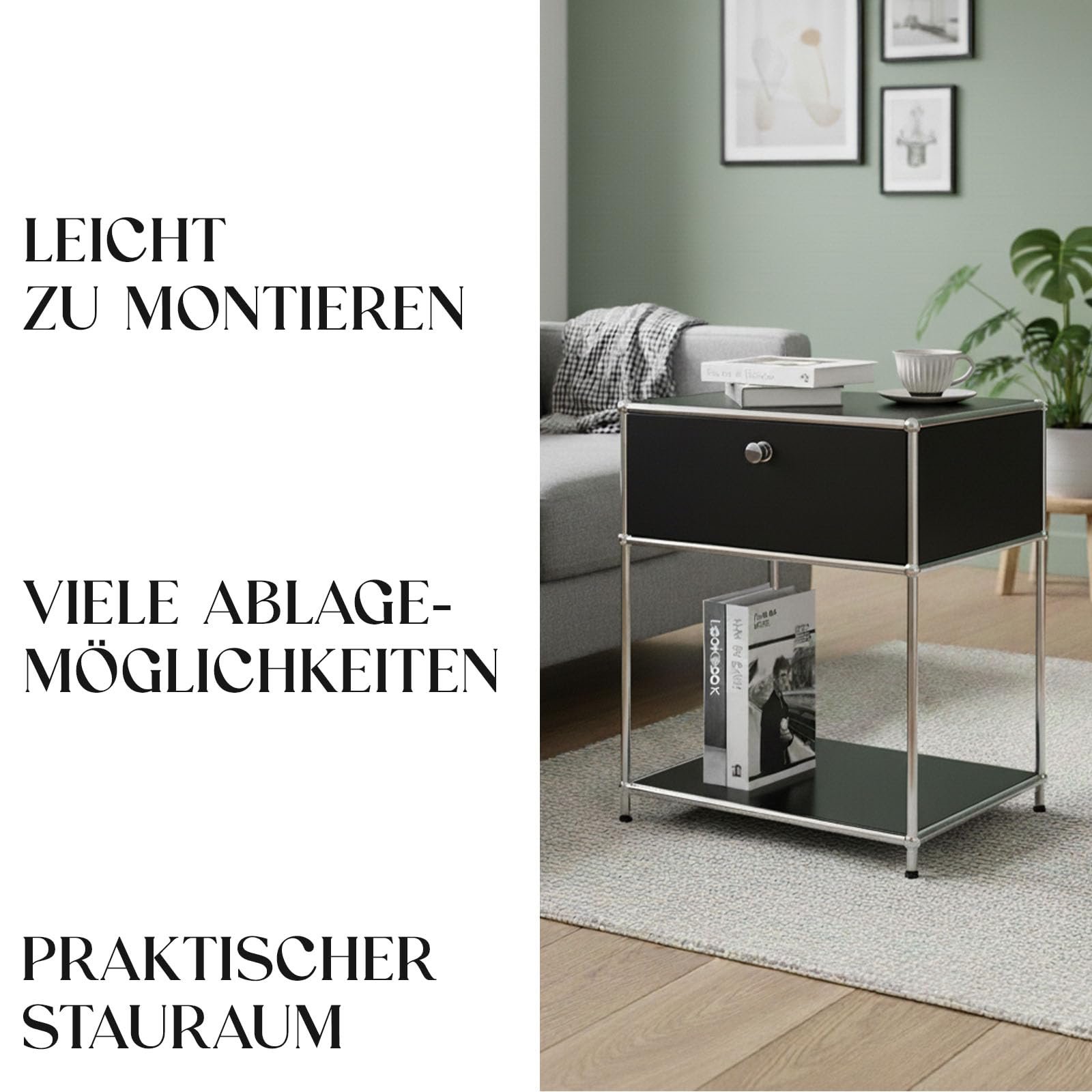 Floordirekt Regal, Metallregal, Beistelltisch - Schwarz, Chrom, 63Hx50Bx40T cm - Modulares Stecksystem im modernen Design, Metall Regal für Wohnzimmer, Büro, Flur - Nachttisch Concept Epure MK-139