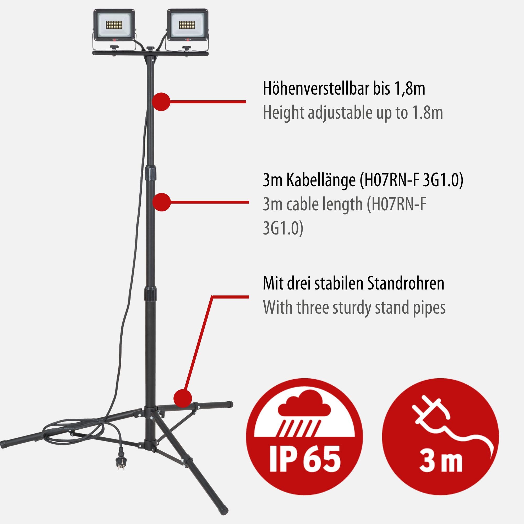 Brennenstuhl foco LED con trípode JARO 6060 T (2x20W, 4800lm, 6500K, IP65, luz de trabajo LED con trípode y cable de 3m)