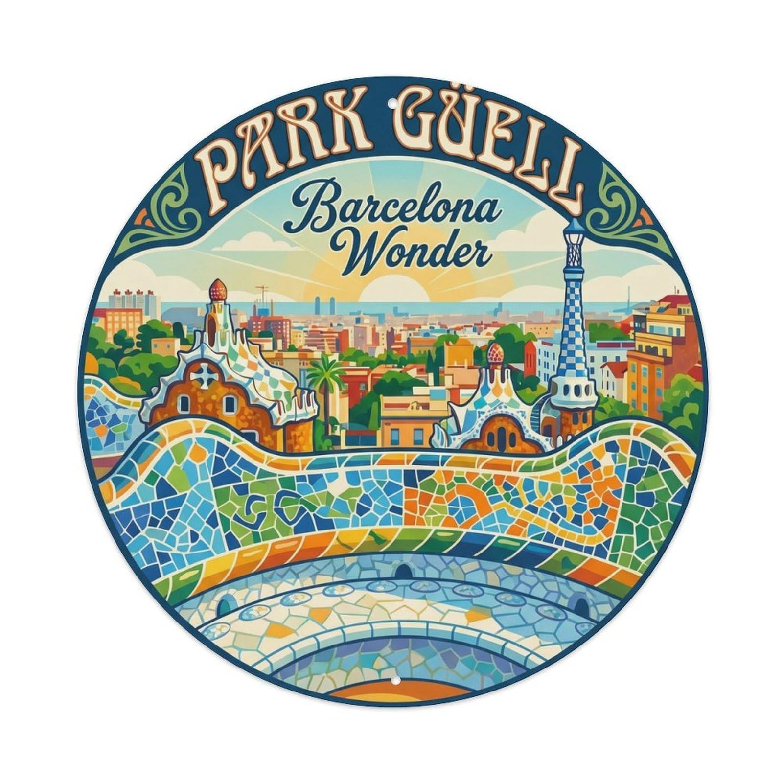 Vintage Travel Park Guell Barcelona Metal Tin Sign Plaque Wall Decor for Cafe, Club, Garden Round Metal Poster 8x8Inch