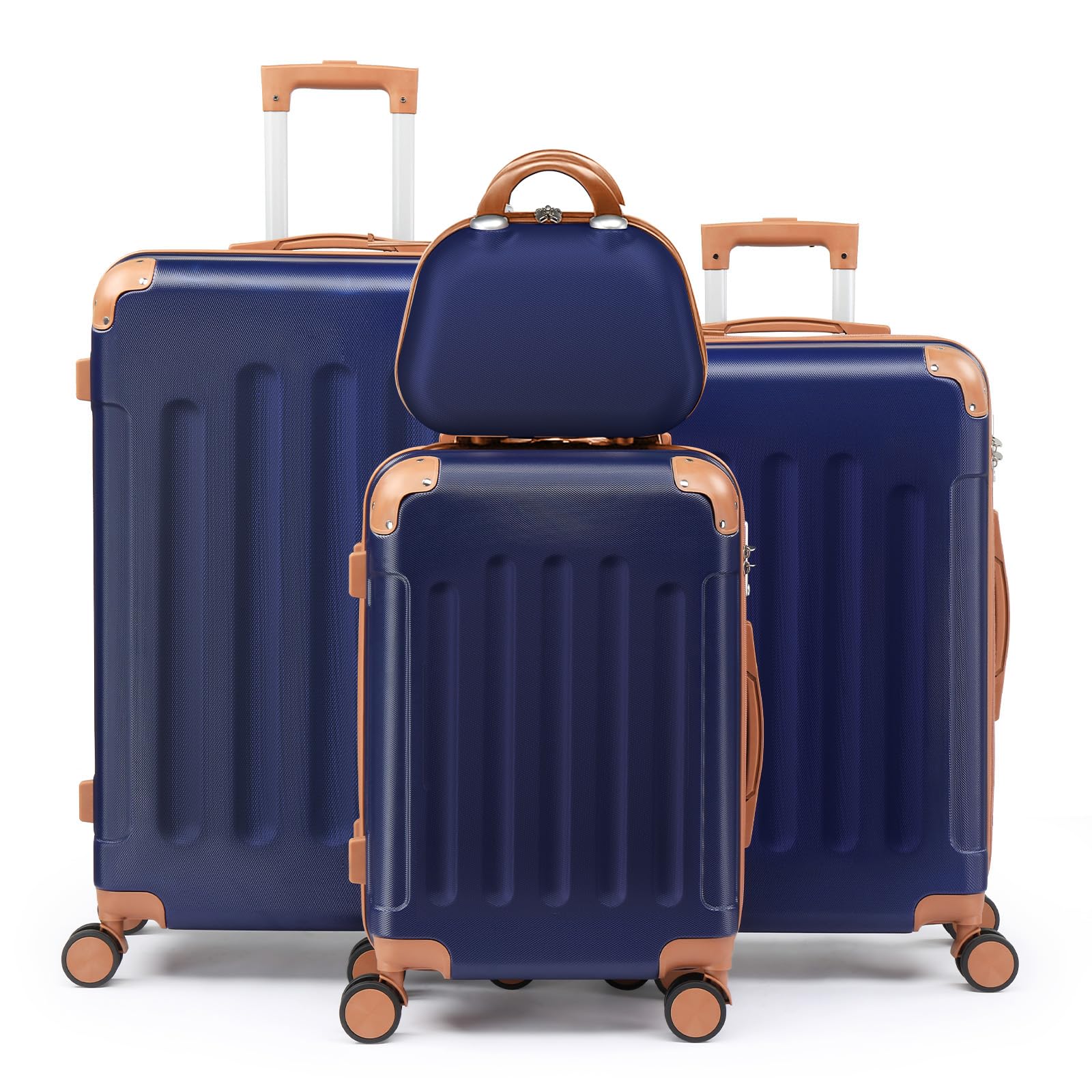 LEADZM Set di Valigie Rigide 4 Pezzi con Beauty Case (Blu Navy-Marrone) | Set Valigie con Rinforzi Angolari, Luggage Suitcase Grande 23 kg in ABS