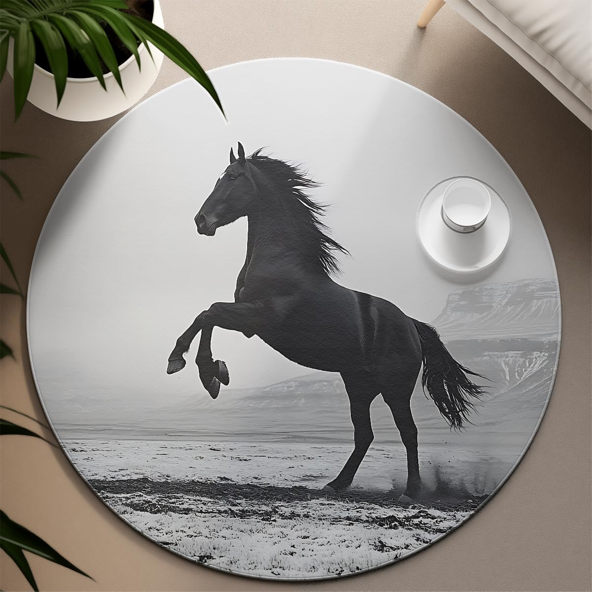 Realistic Black Horse Round 100cm Tapis Ronds Modernes pour Salon Animaux Facile Nettoyer Chambre Assise carpette Fine Descente de lit Pliable