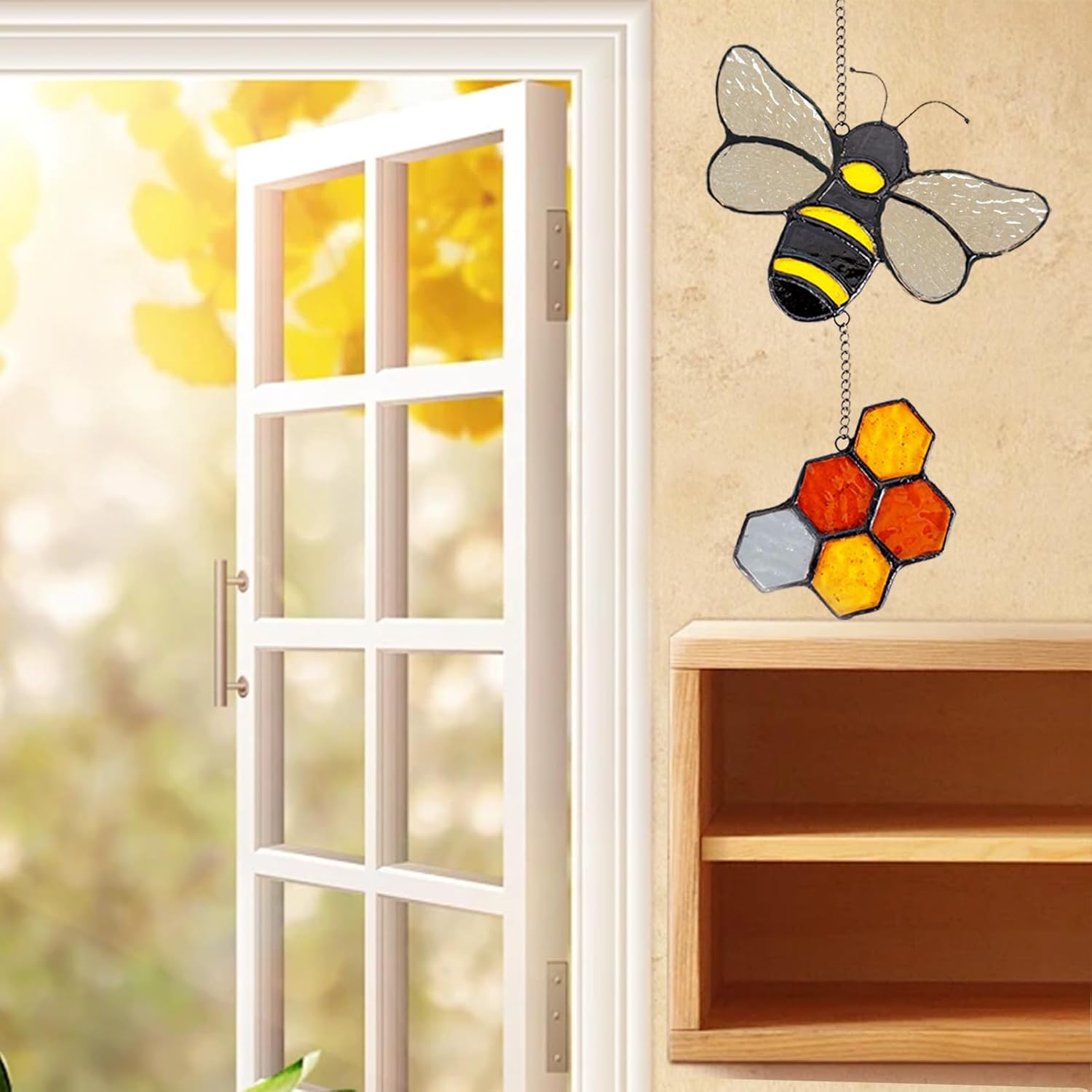 Handmade Honeybee Honeycomb Suncatcher Stained Glass Window Hangings Ornament Real Sun Catchers Indoor Window Garden Kitchen Decor Bee Gifts for Women Beekeeper Teacher