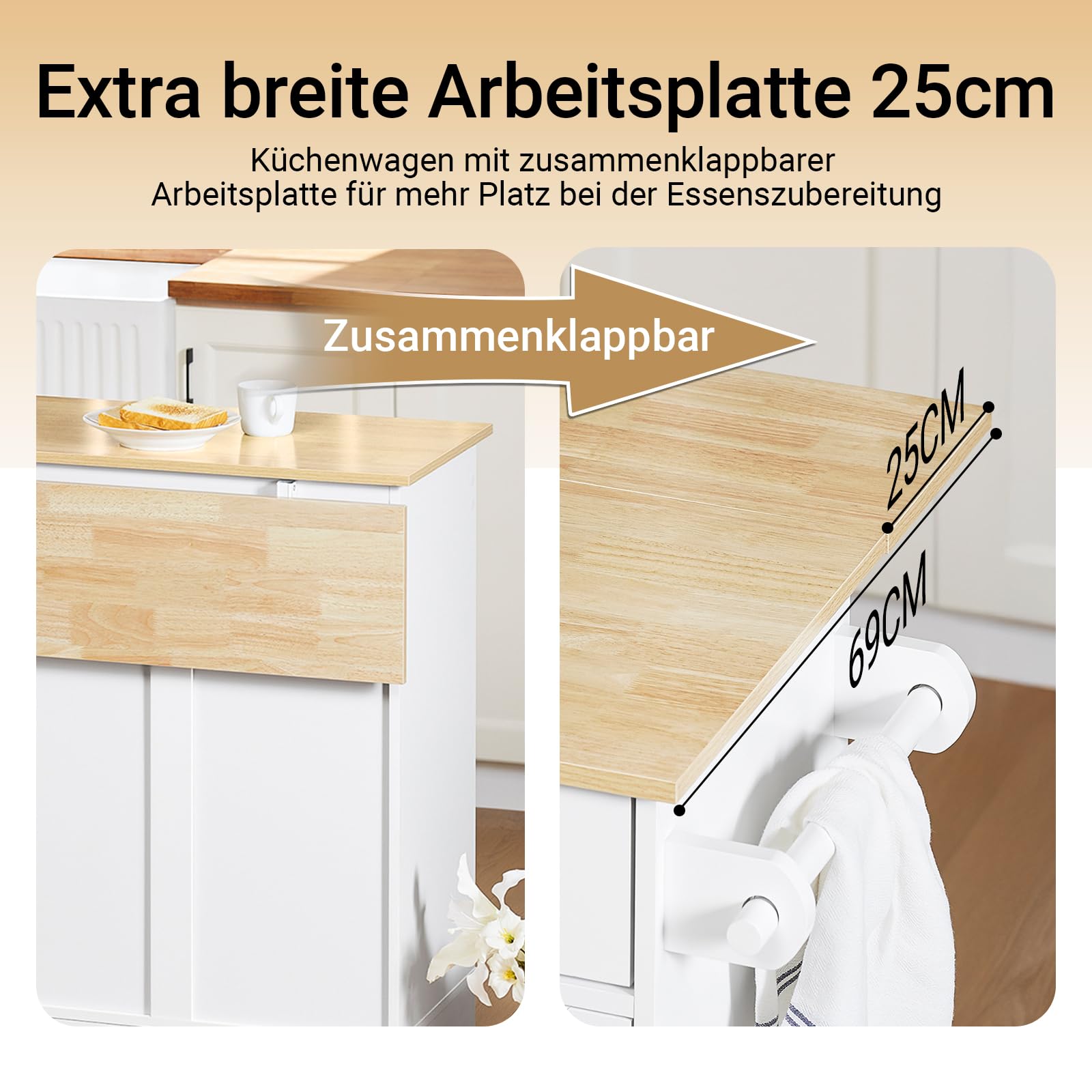 SoBuy Kücheninsel mit Rollen, Servierwagen mit ausziehbarer Arbeitsplatte – platzsparende, freistehende Kücheninsel mit Schubladen für kleine Küchen Weiß 113 x 91 x (44–69) cm FKW129-WN