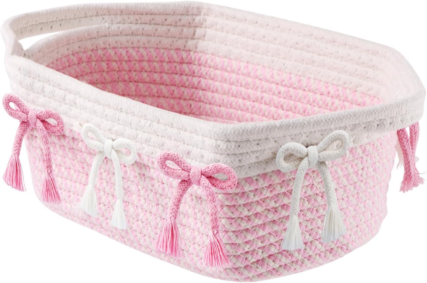 1PC Pink Bow Baskets for Gift Cute Coquette Woven Rope Storage Basket with Handle Laundry Hamper Storage Bins for Home Decor Organization Nursery Baby Shower, 11.8''x7.8''x4.7''