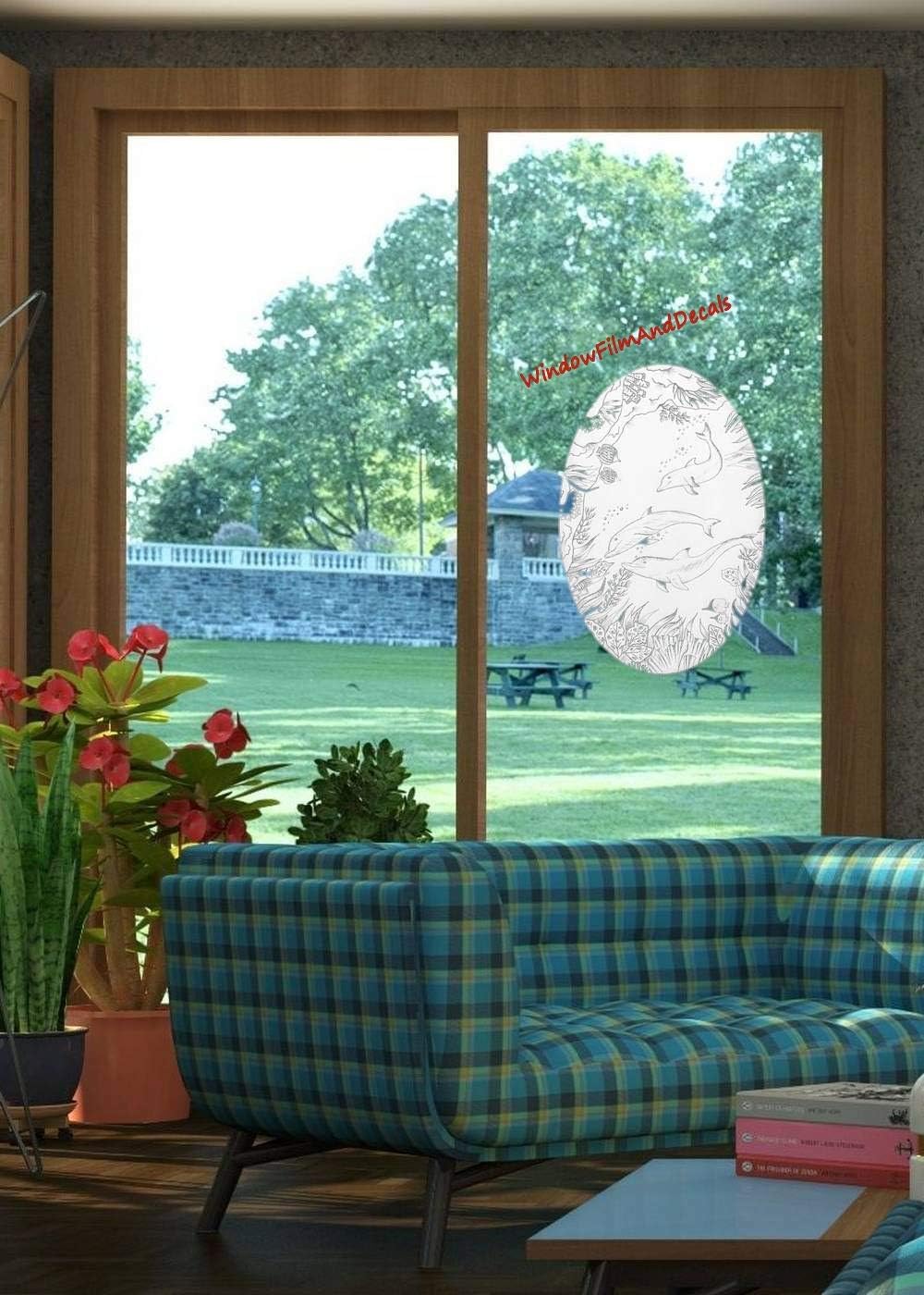 Dolphin Scene Oval Etched Window Decal Vinyl Glass Cling - 15" x 23" - White with Clear Design Elements