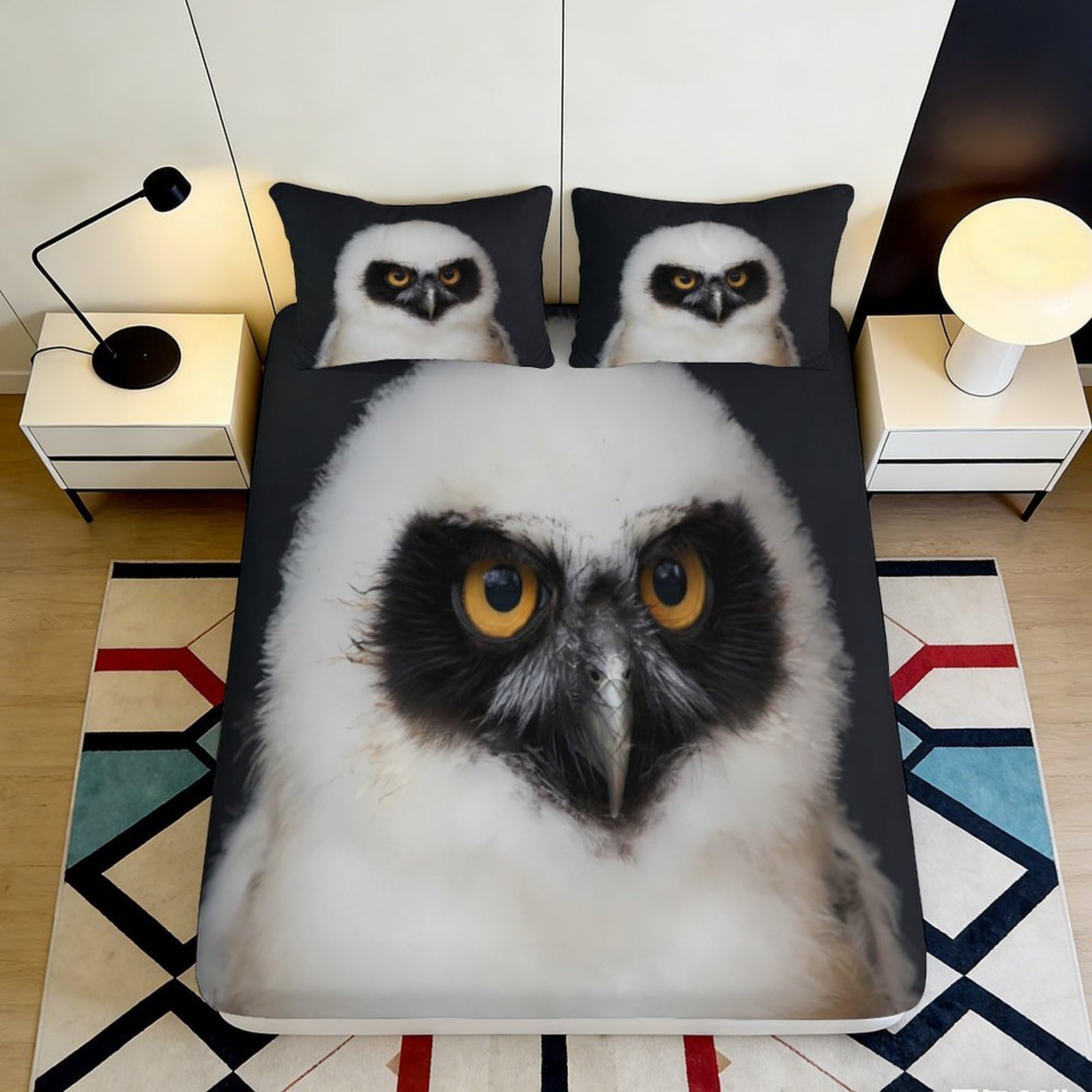 3D Printed Owl Eyes Fitted Sheet Microfiber Soft Decorative Bird Pattern Bed Cover for Bedroom Guest Room 90x200x25cm