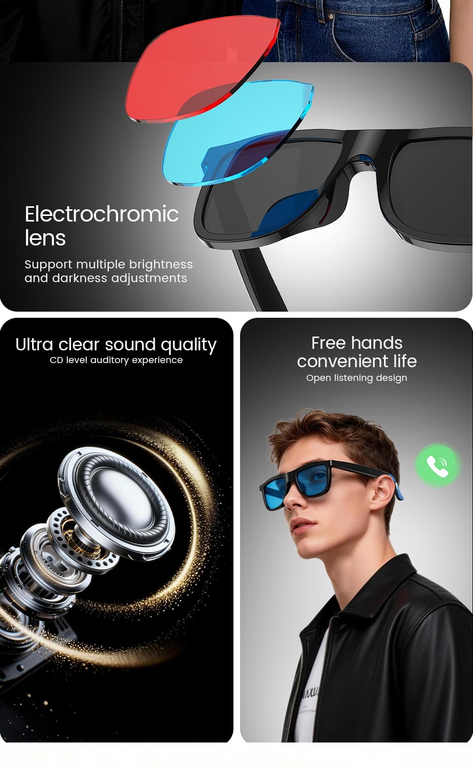 Générique 2026 Lunettes Connectées Audio Bluetooth Verres Électrochromiques Teinte Réglable 1 Clic, Écouteurs Intégrés, Appels Mains Libres, Protection UV400, Autonomie 100mAh 11LASTYLE47