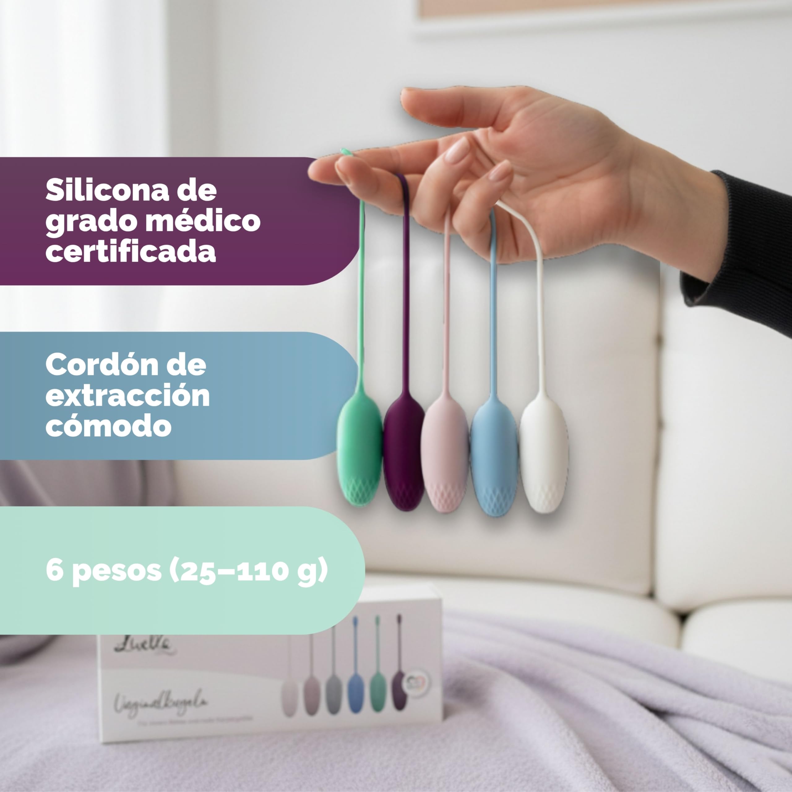 Livella | Bolas Chinas para fortalecer el suelo pélvico - 6 Pesos (25-110 g) - Entrenador de suelo pélvico para mujer de silicona médica, con cordón, para ejercicios Kegel, posparto y uso cómodo fácil
