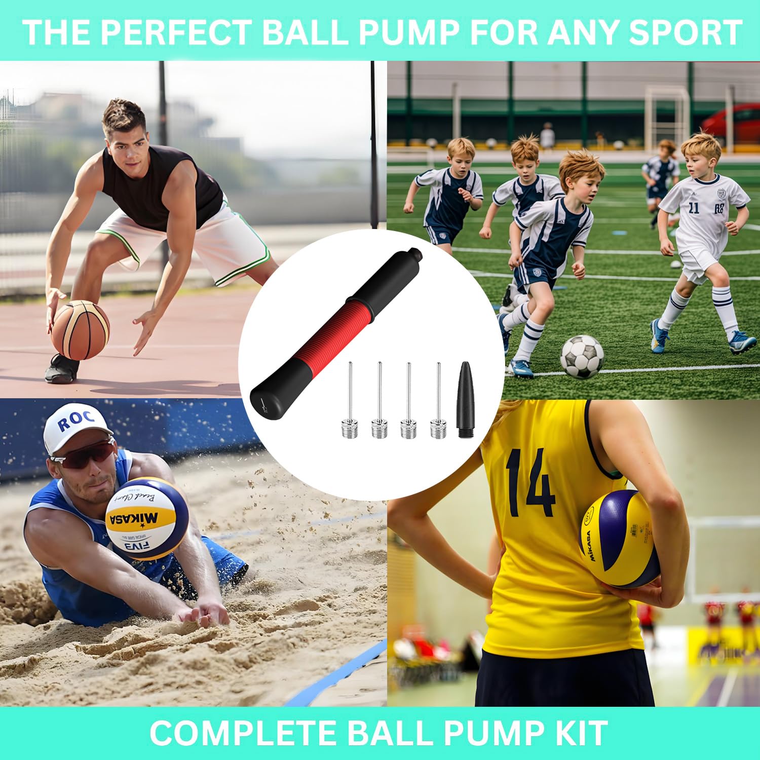 Pompe à Ballon avec Stockage d'aiguilles, Pompe à Ballon de Football avec 5 Aiguilles et câble Extensible, Pompe à air Manuelle pour Ballons de Sport, Football, Basket-Ball, Volley-Ball