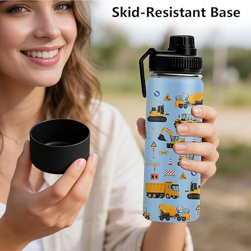 Miniatura 6 de Botella de agua de camión de construcción para niños, vaso a prueba de fugas de 18 onzas con 2 tapas y asa, bota de silicona antideslizante, regalos