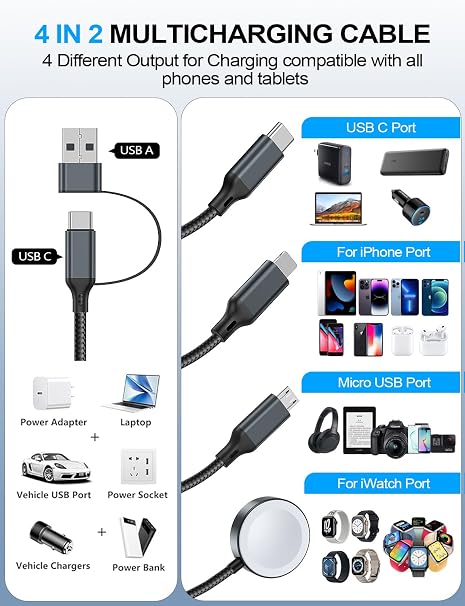 4-in-2 Multi Charging Cable for Apple Watch Charger/iPhone/Samsung Charger